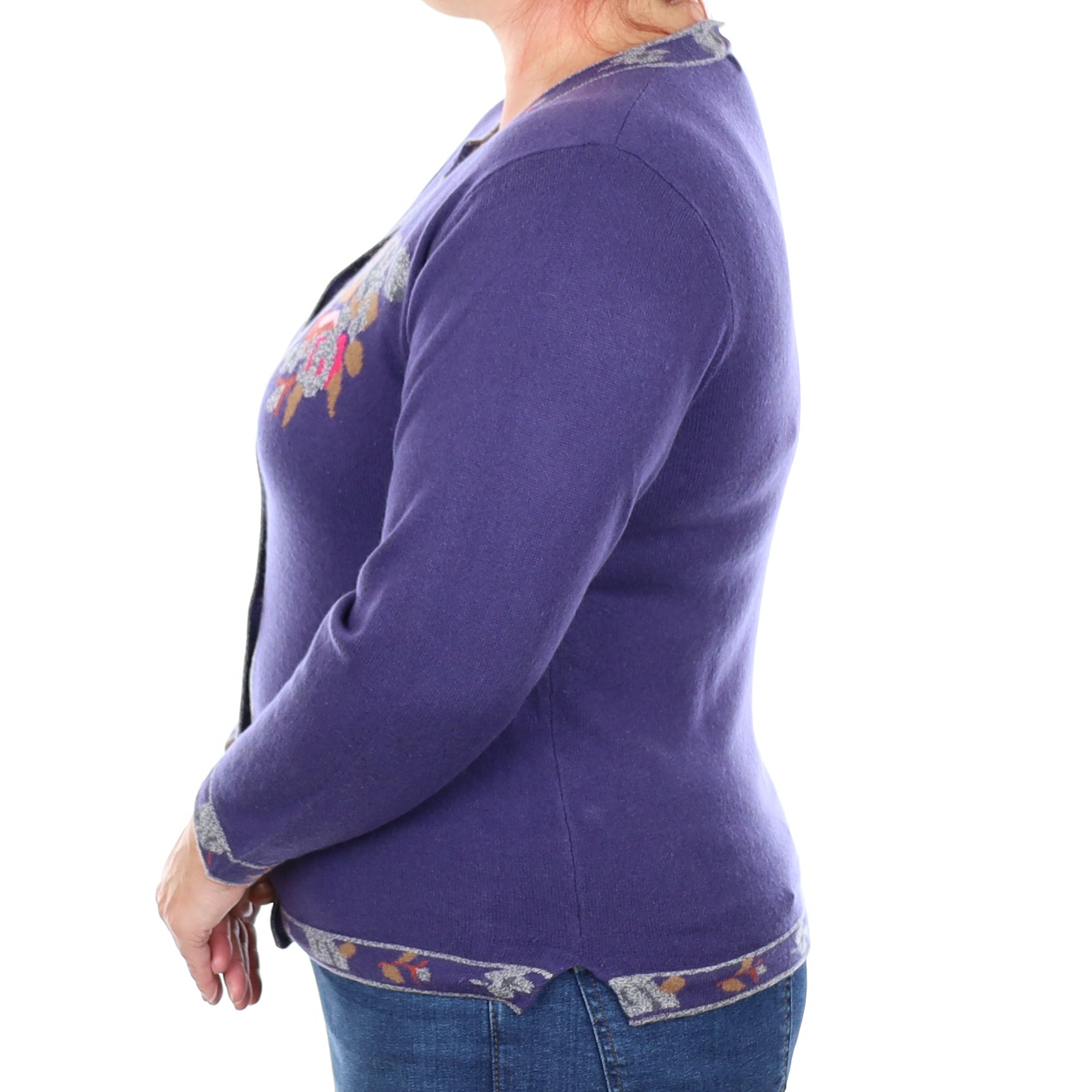 Grape Purple Floral Cashmere Crew Neck Cardigan Large