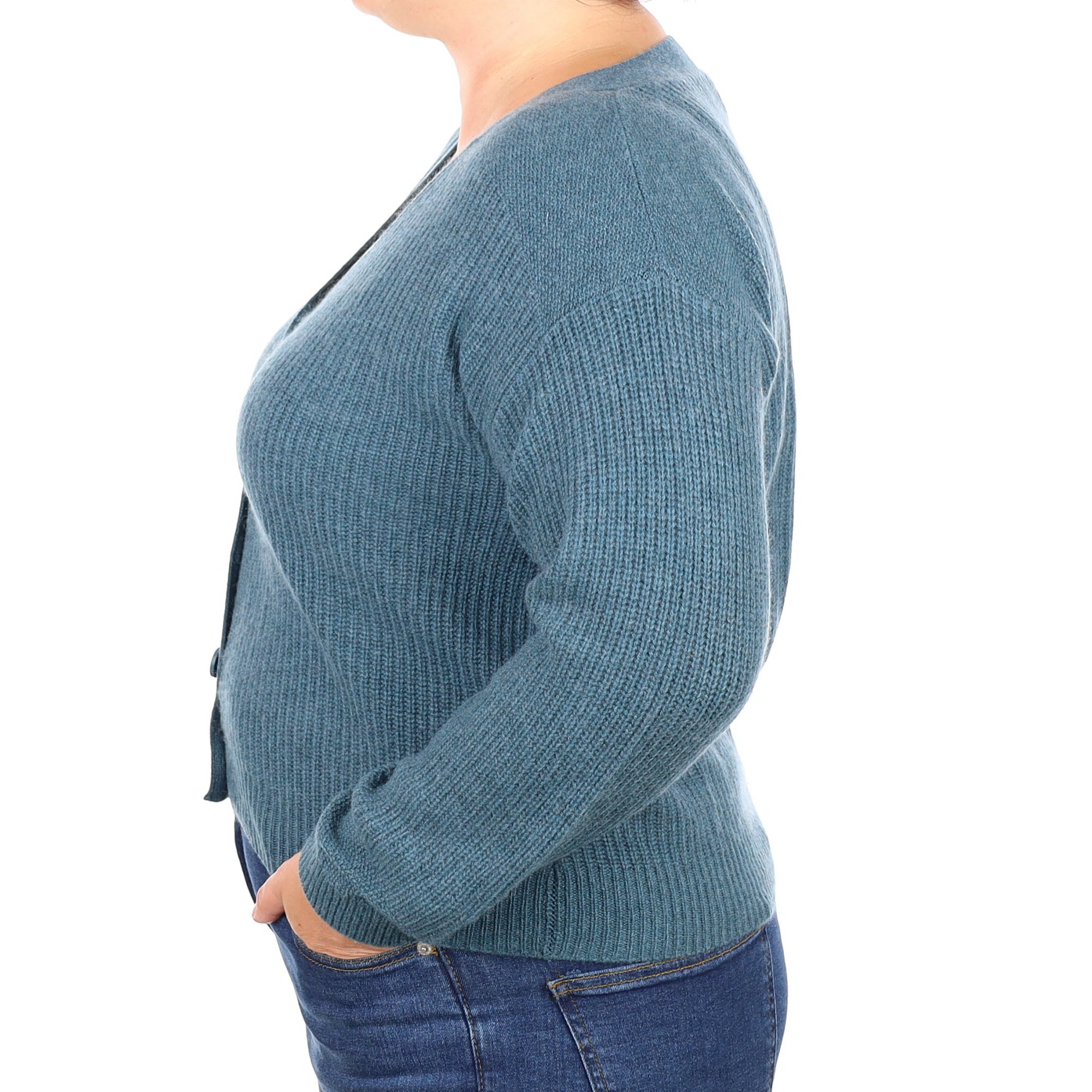 Pacific Blue Ribbed Cashmere V Neck Cardigan Large