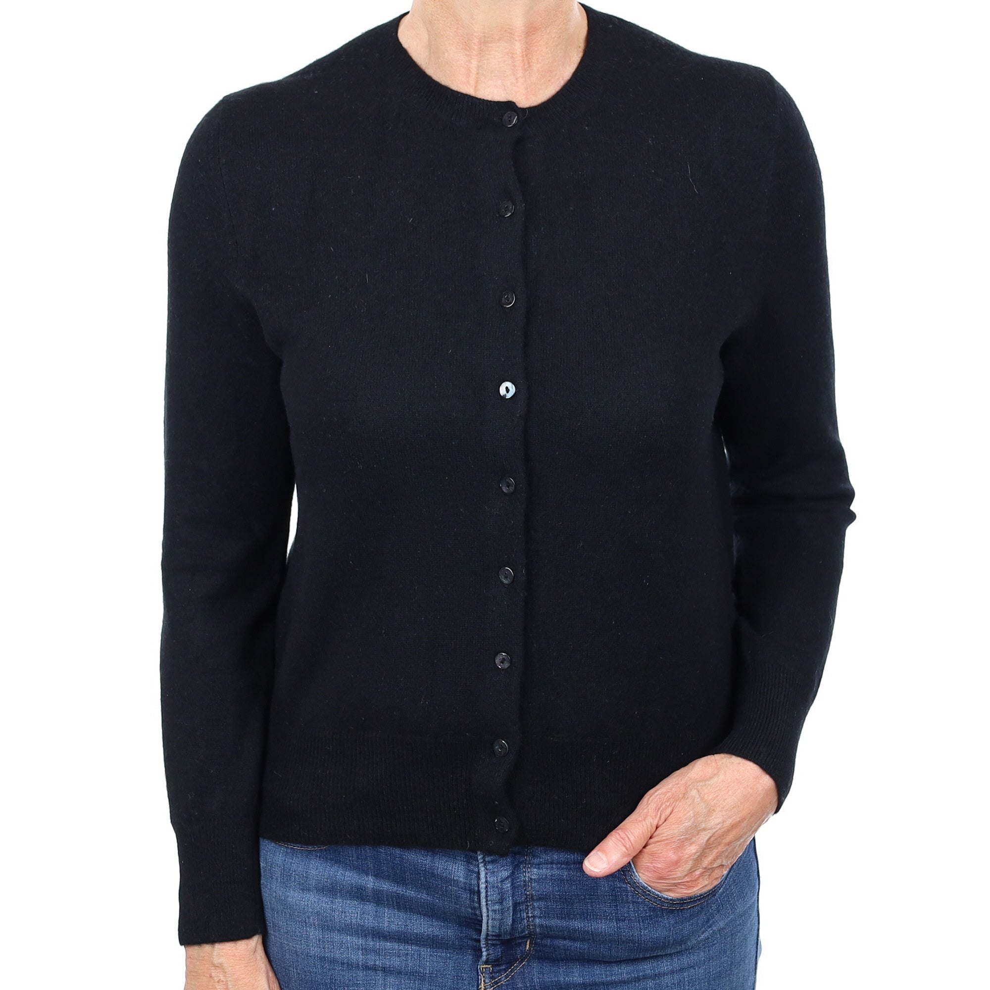 Black Cashmere Crew Neck Cardigan Medium