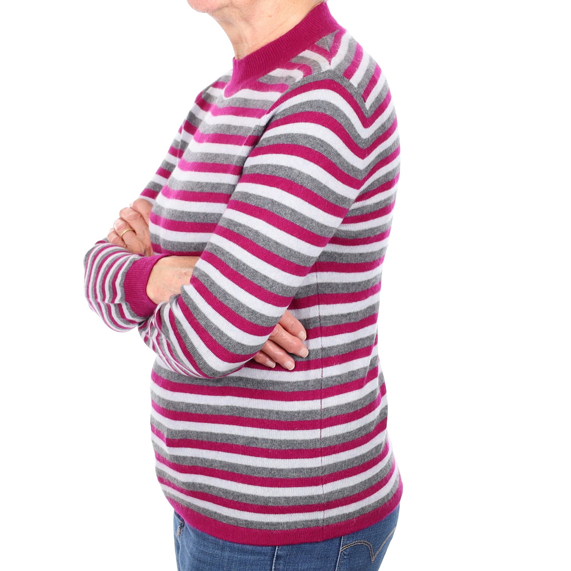 Plum and Grey Stripe Cashmere Turtleneck Jumper Medium
