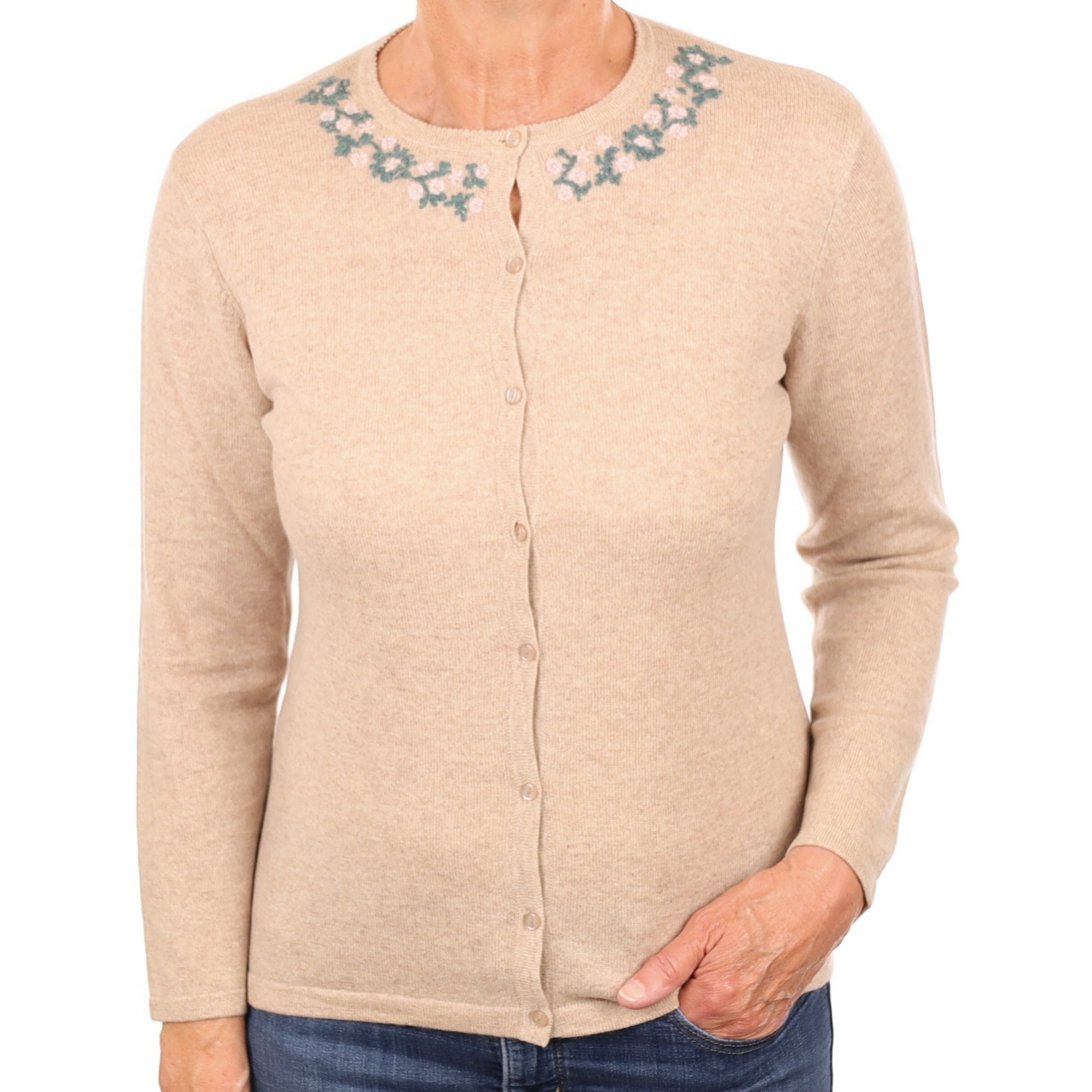 Biscuit Floral Trim Cashmere Crew Neck Cardigan Medium