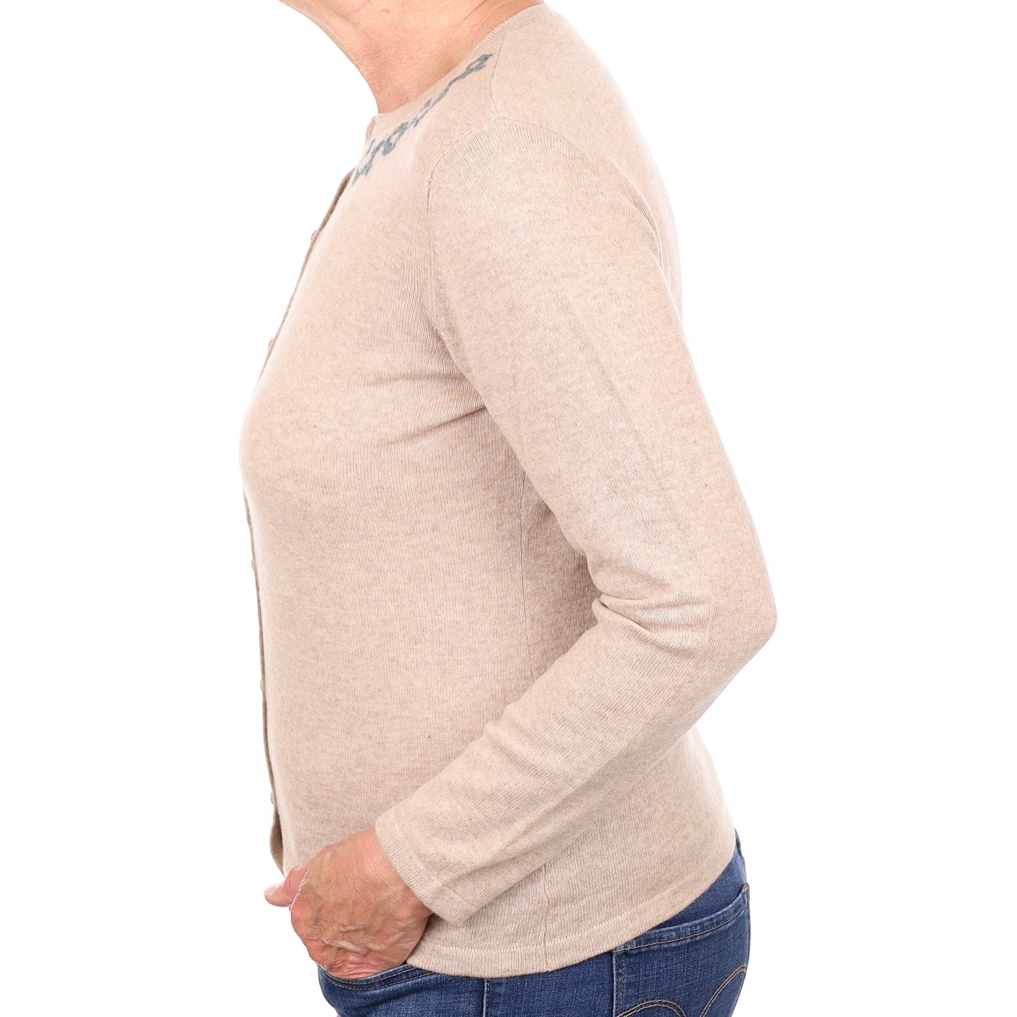 Biscuit Floral Trim Cashmere Crew Neck Cardigan Medium