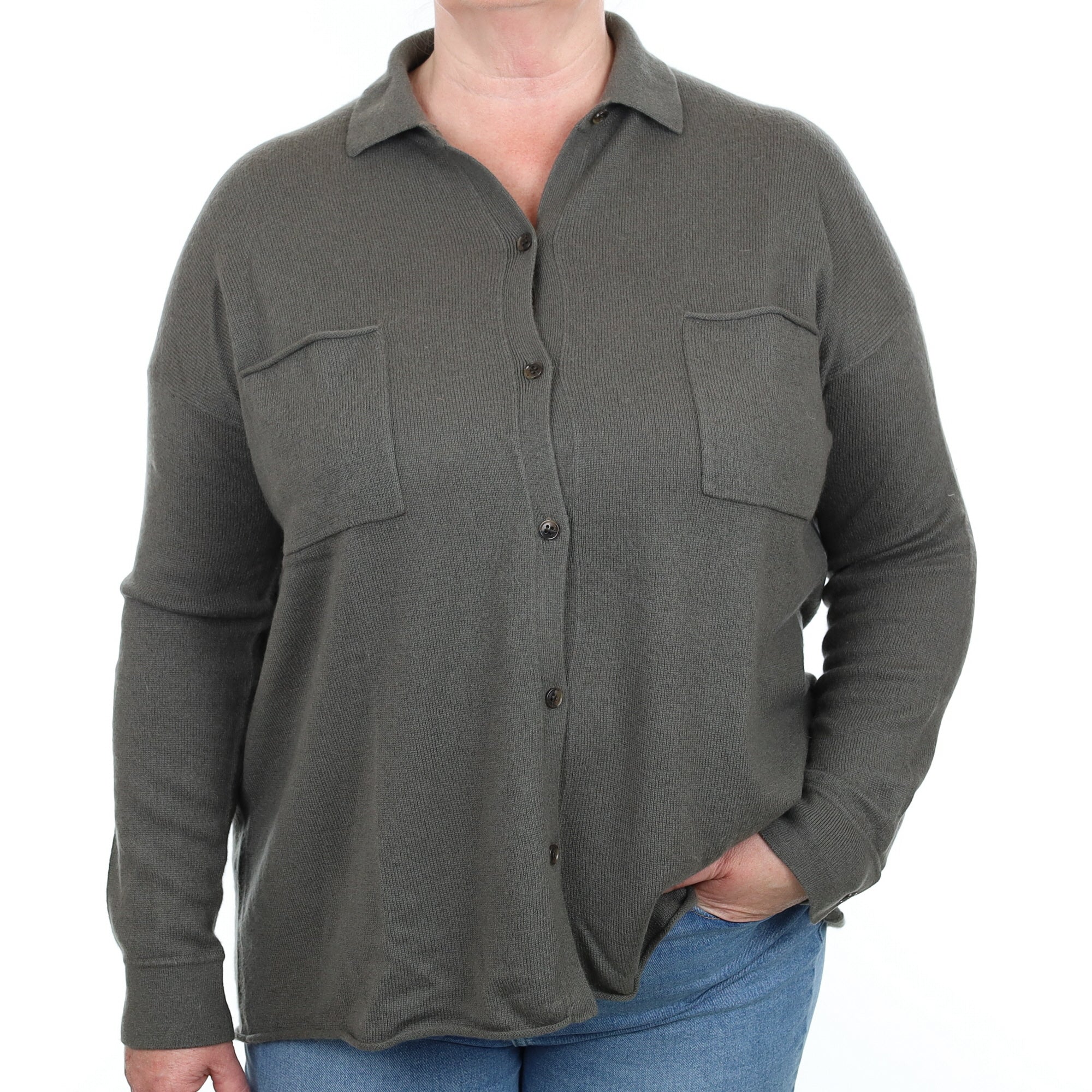 Khaki Green Cashmere Shirt Style Cardigan with Pockets Extra Large