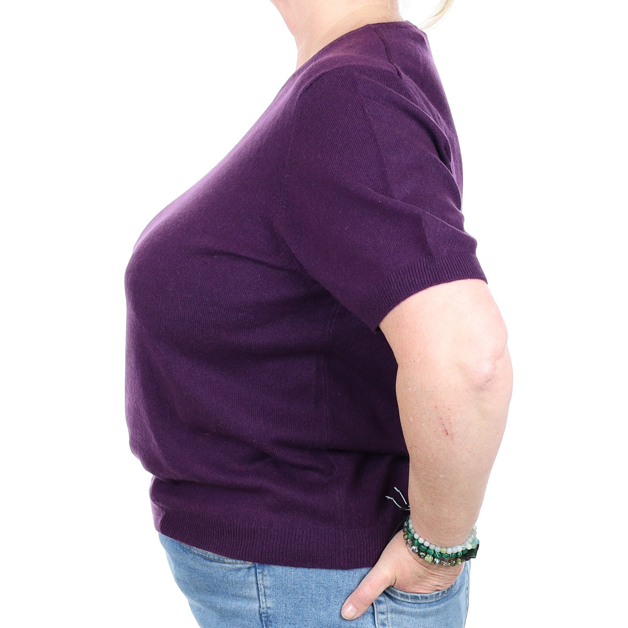 Blueberry Purple Cashmere Short Sleeved Crew Neck Jumper Extra Large
