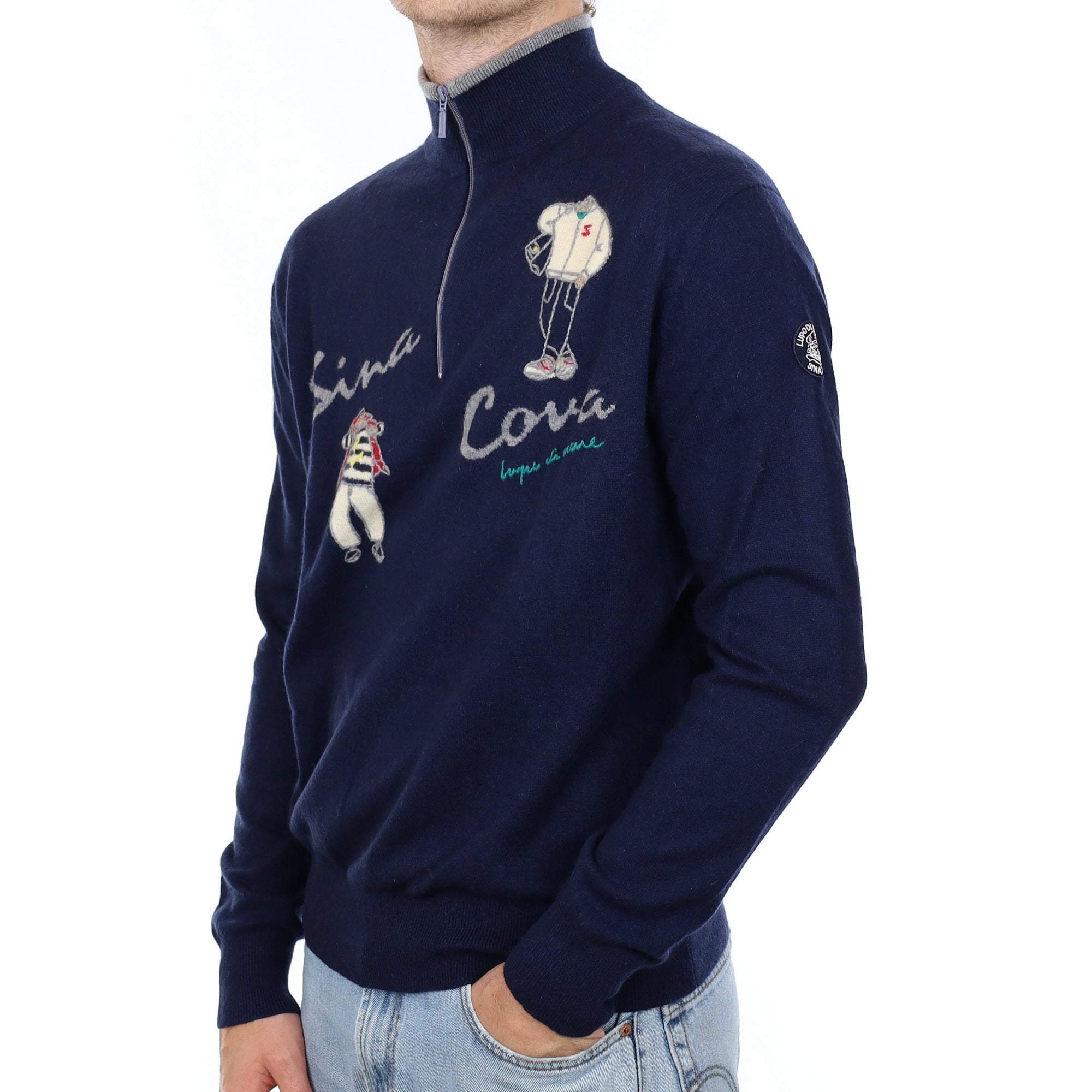 Men's Navy Sailor Motif Cashmere 1/4 Zip Jumper Large