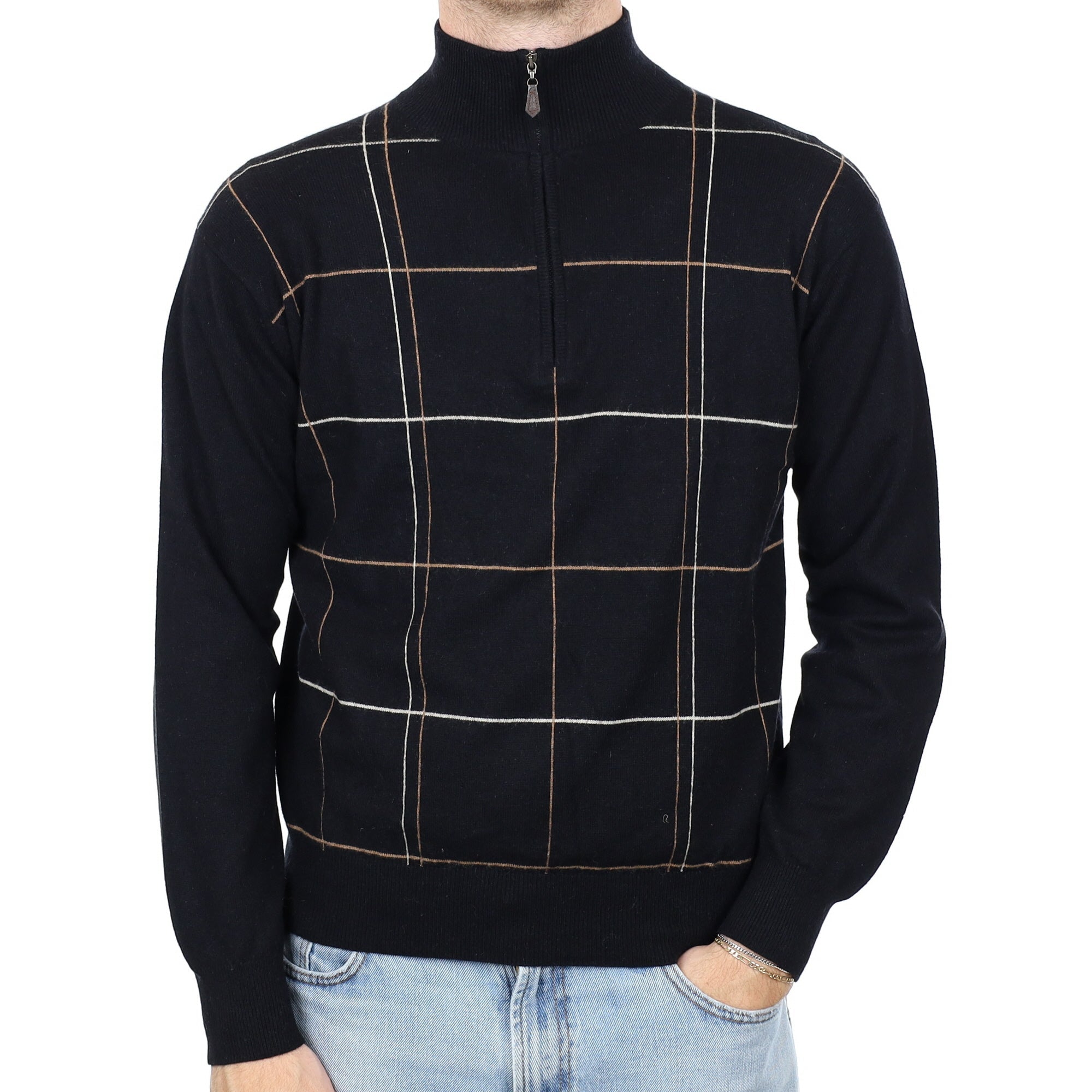 Men's Black Checked Cashmere 1/4 Zip Jumper Large