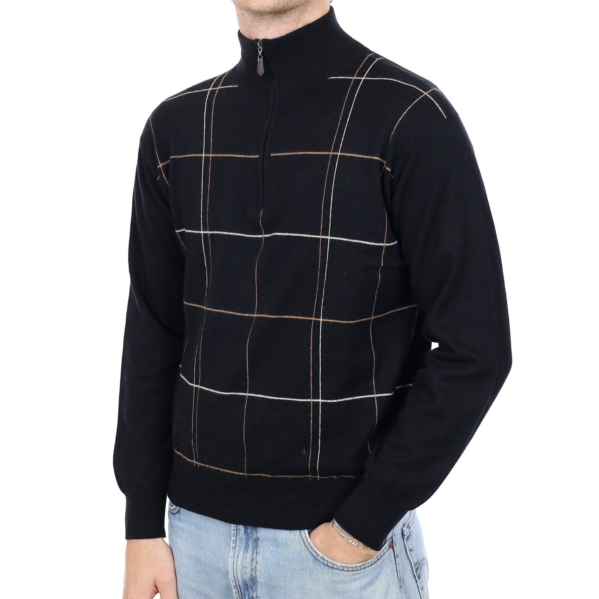 Men's Black Checked Cashmere 1/4 Zip Jumper Large