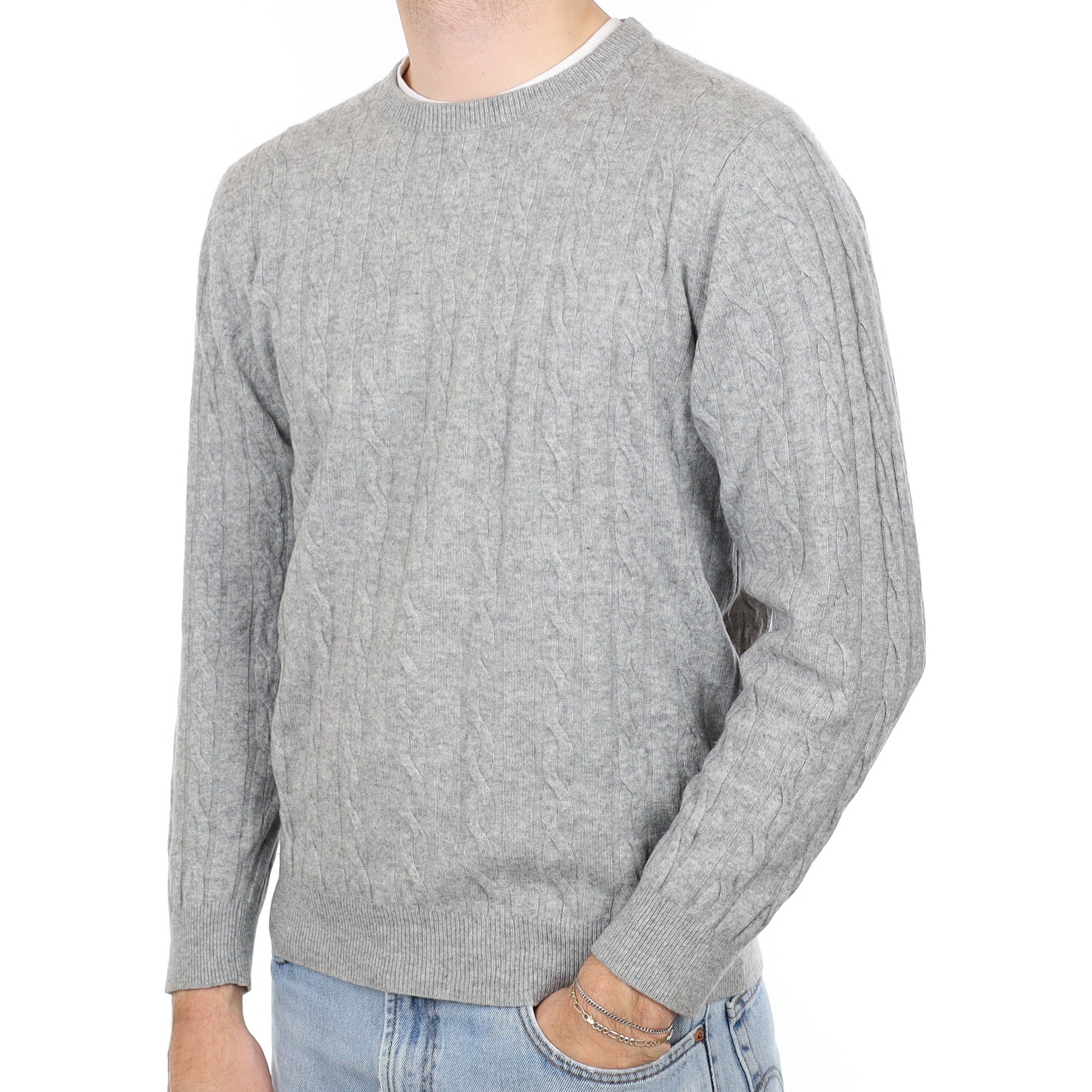 Men's Smoke Grey Cable Cashmere Crew Neck Jumper Large