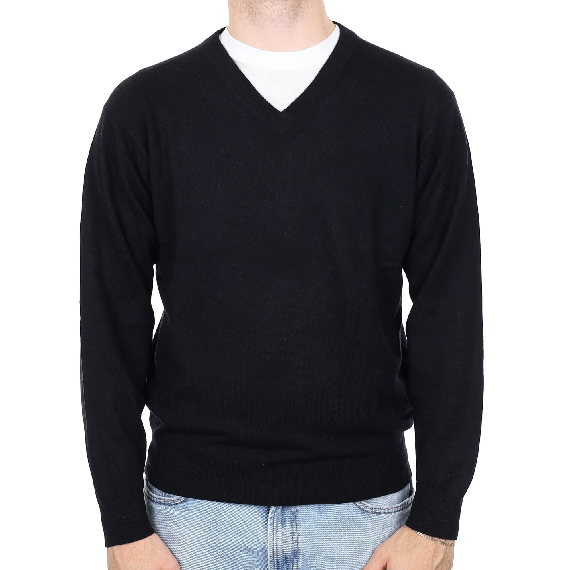 Men's Black Cashmere V Neck Jumper Large