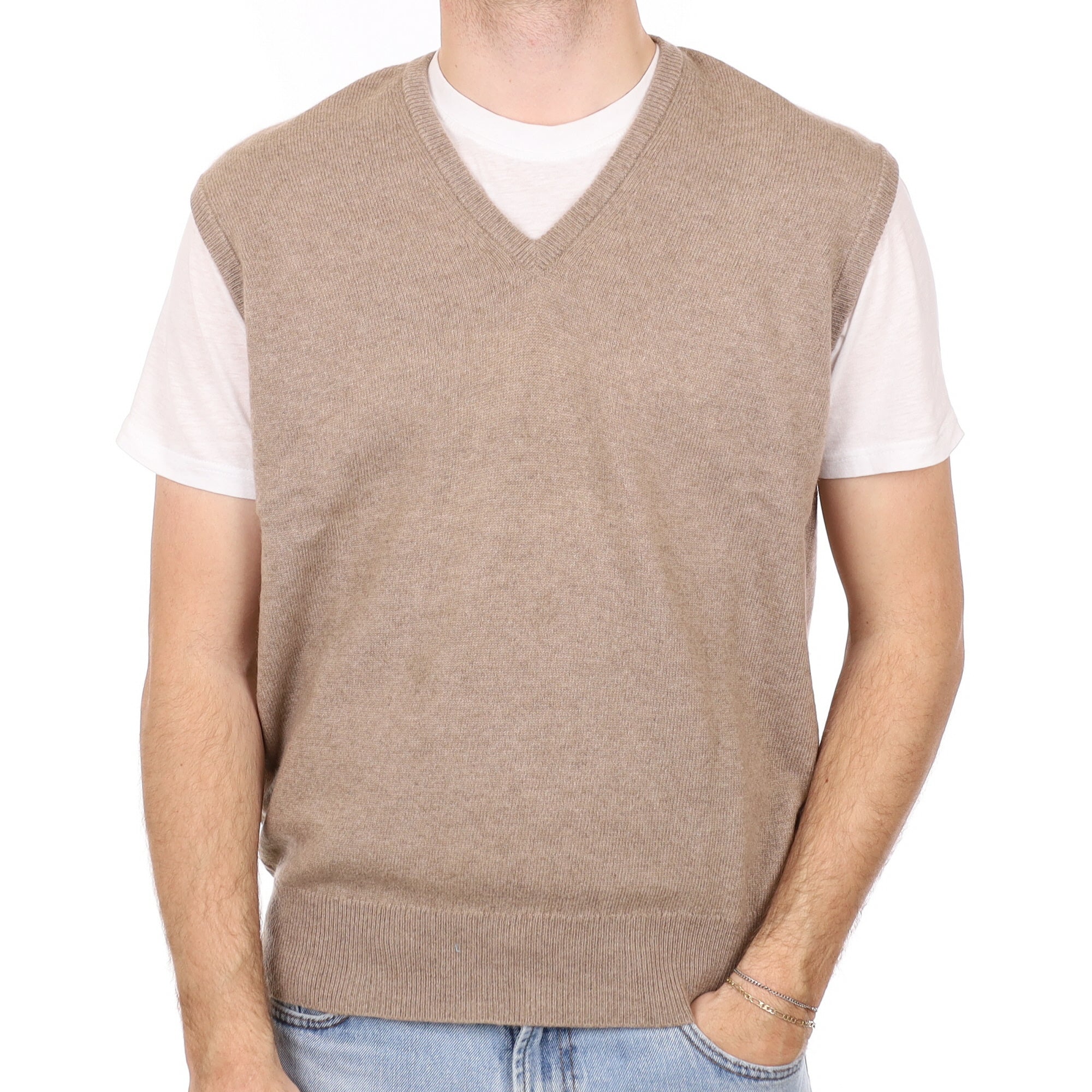 Men's Scottish Fawn Cashmere V Neck Tank Top Large