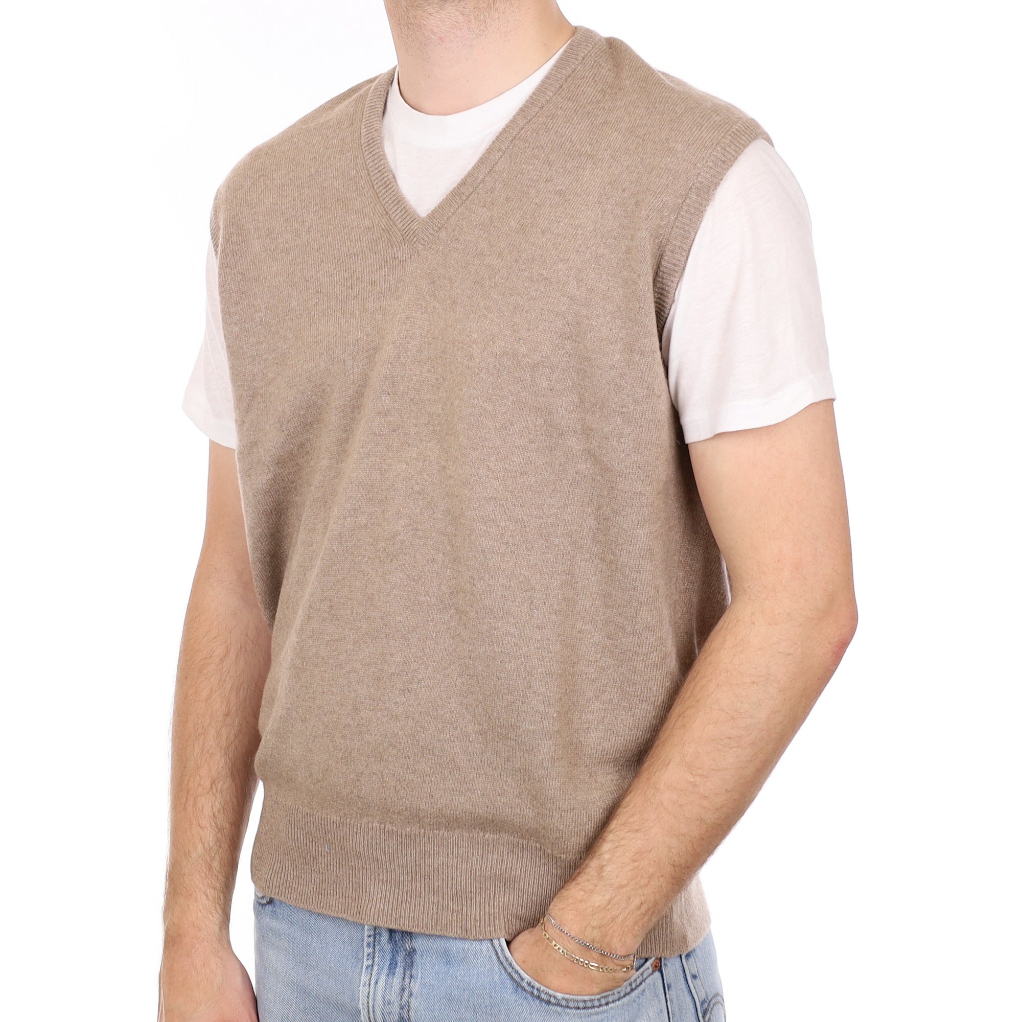 Men's Scottish Fawn Cashmere V Neck Tank Top Large