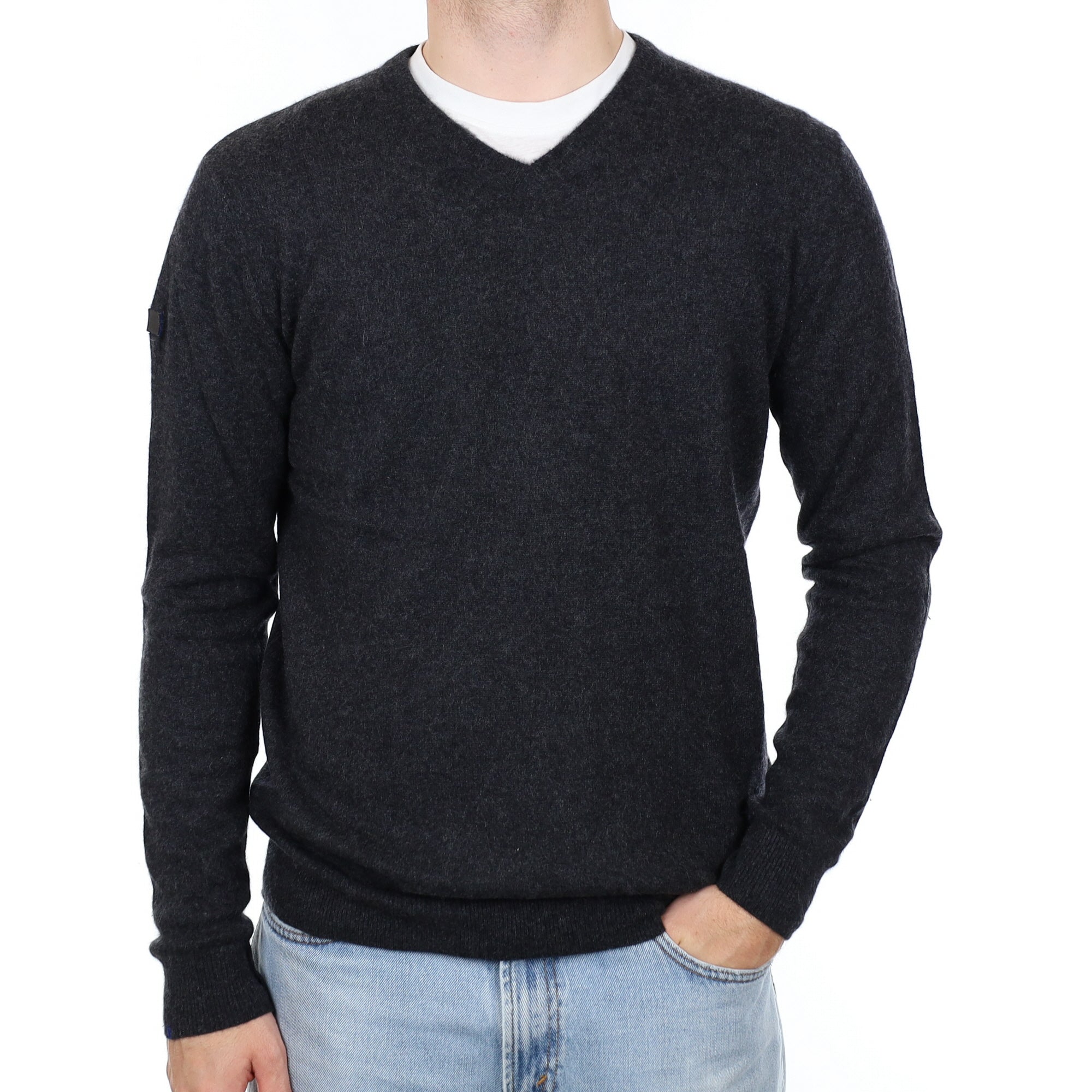 Men's Graphite Grey Button Cuff Cashmere V Neck Jumper Large
