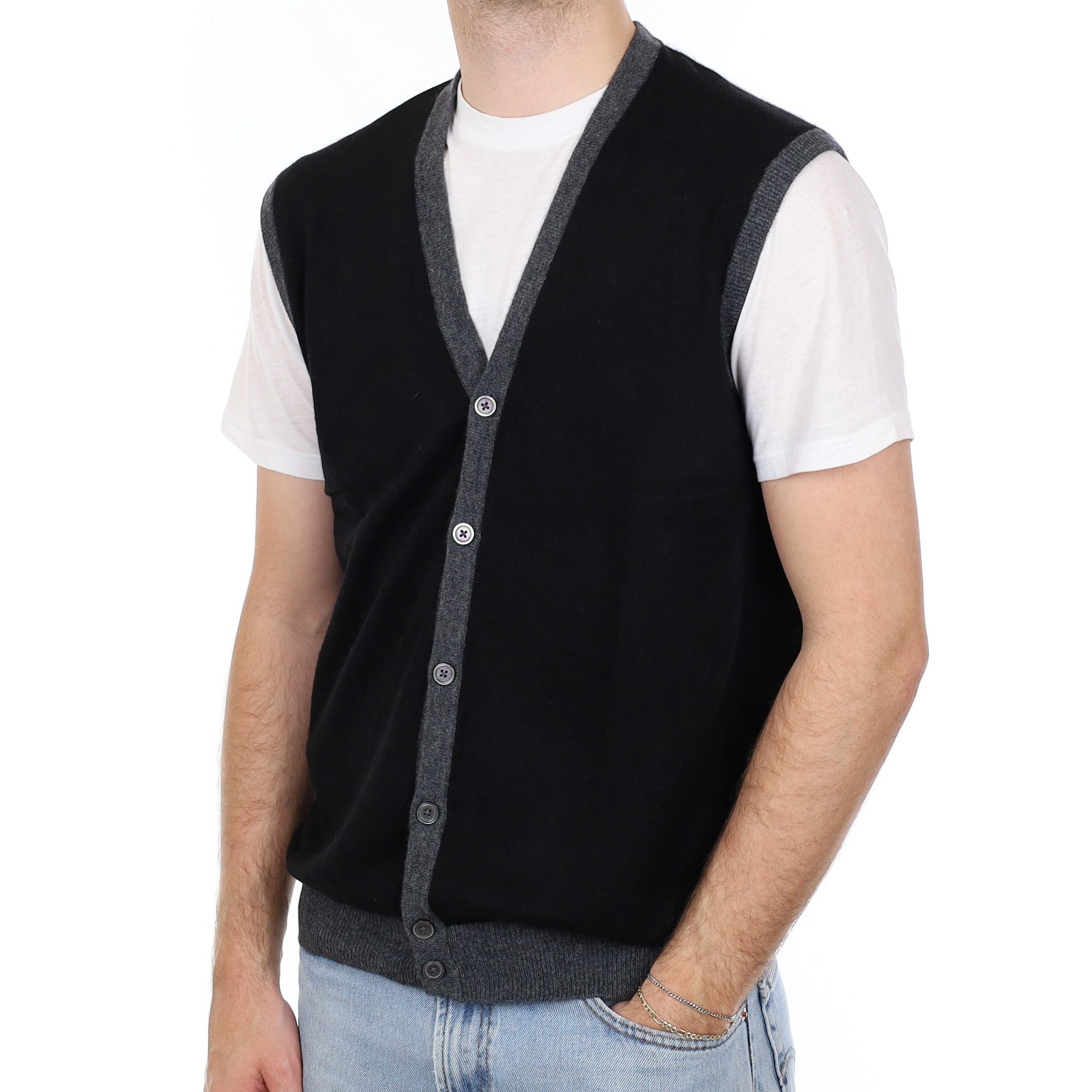 Men's Black and Grey Cashmere V Neck Waistcoat Large