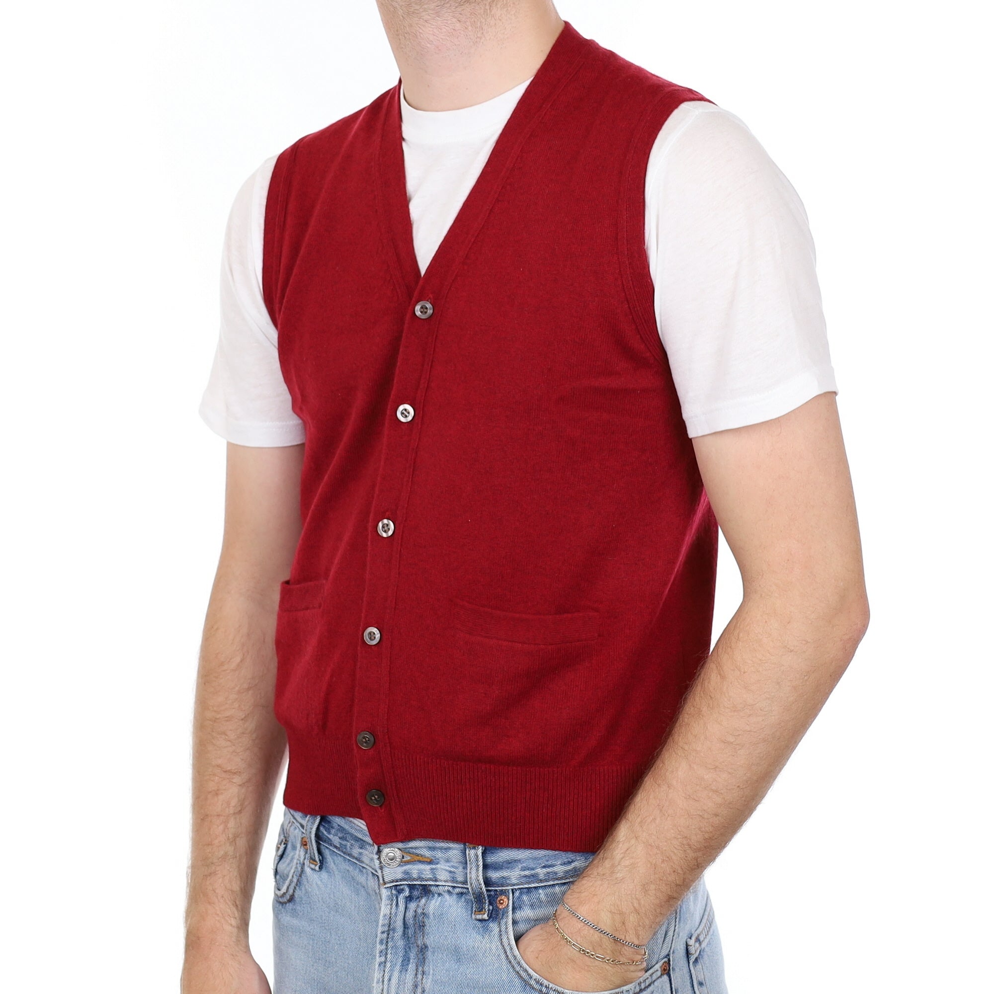 Men's Burgundy Red Cashmere V Neck Waistcoat with Pockets Medium