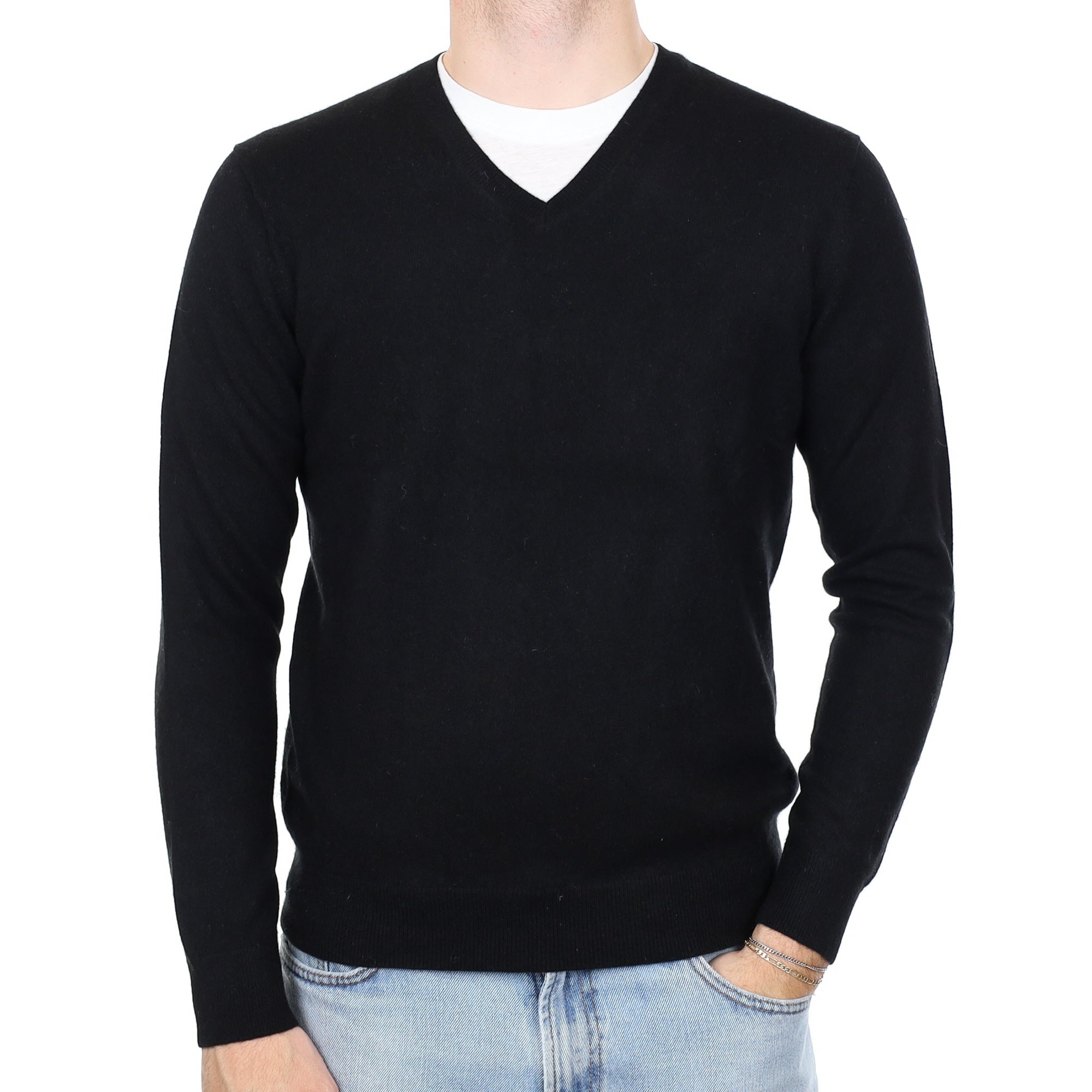 Men's Black Cashmere V Neck Jumper Medium
