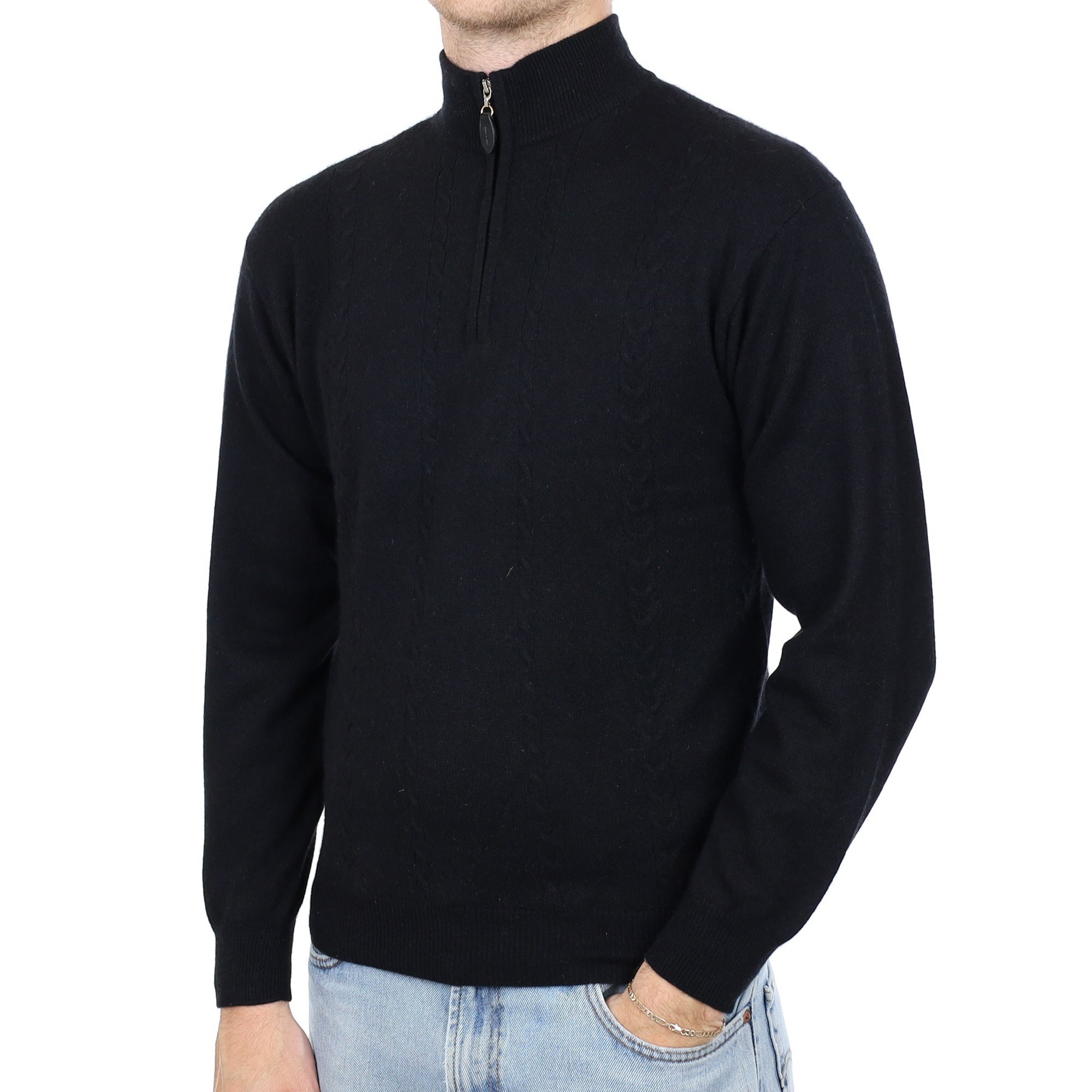 Men's Black Cashmere 1/4 Zip Jumper Medium