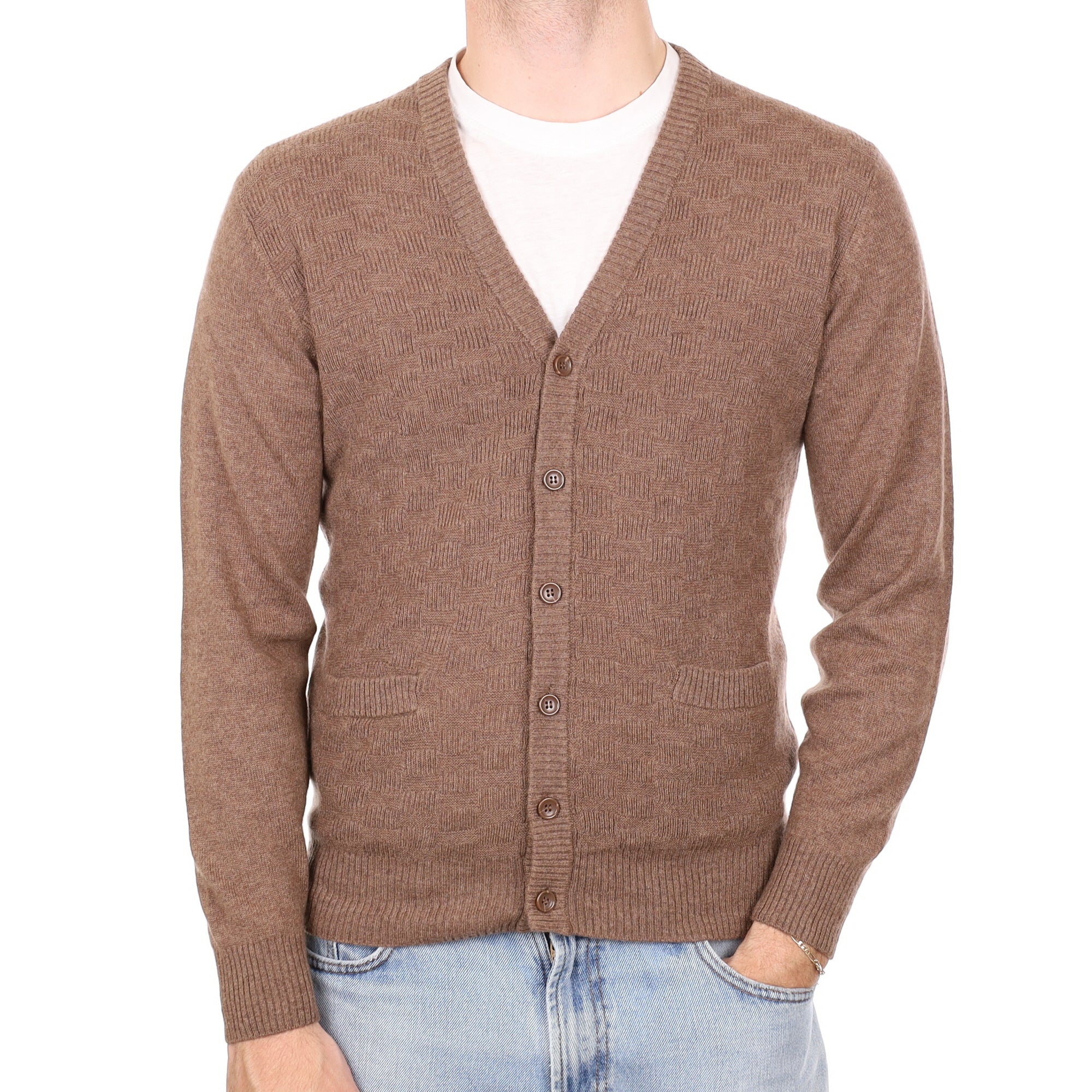 Men's Harvest Brown Cashmere V Neck Cardigan with Pockets Medium