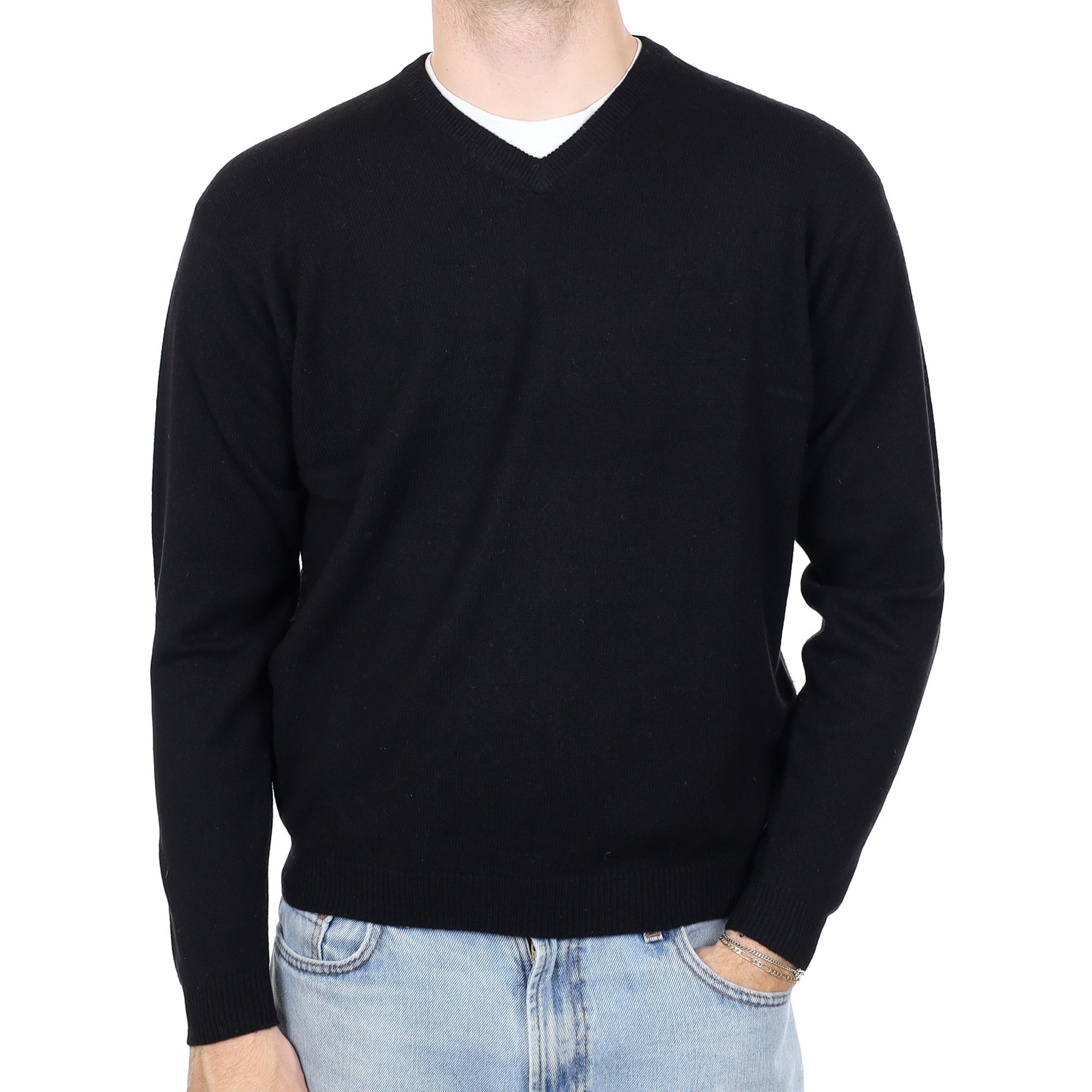 Men's Black Cashmere V Neck Jumper Medium