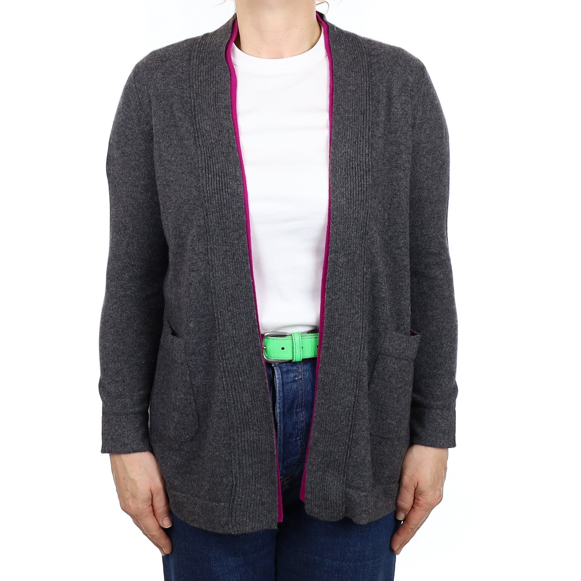 Granite and Magenta Cashmere Edge to Edge Cardigan with Pockets Medium