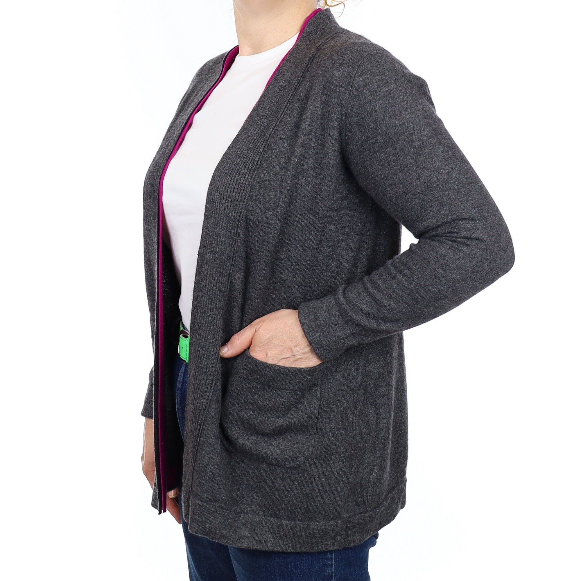 Granite and Magenta Cashmere Edge to Edge Cardigan with Pockets Medium