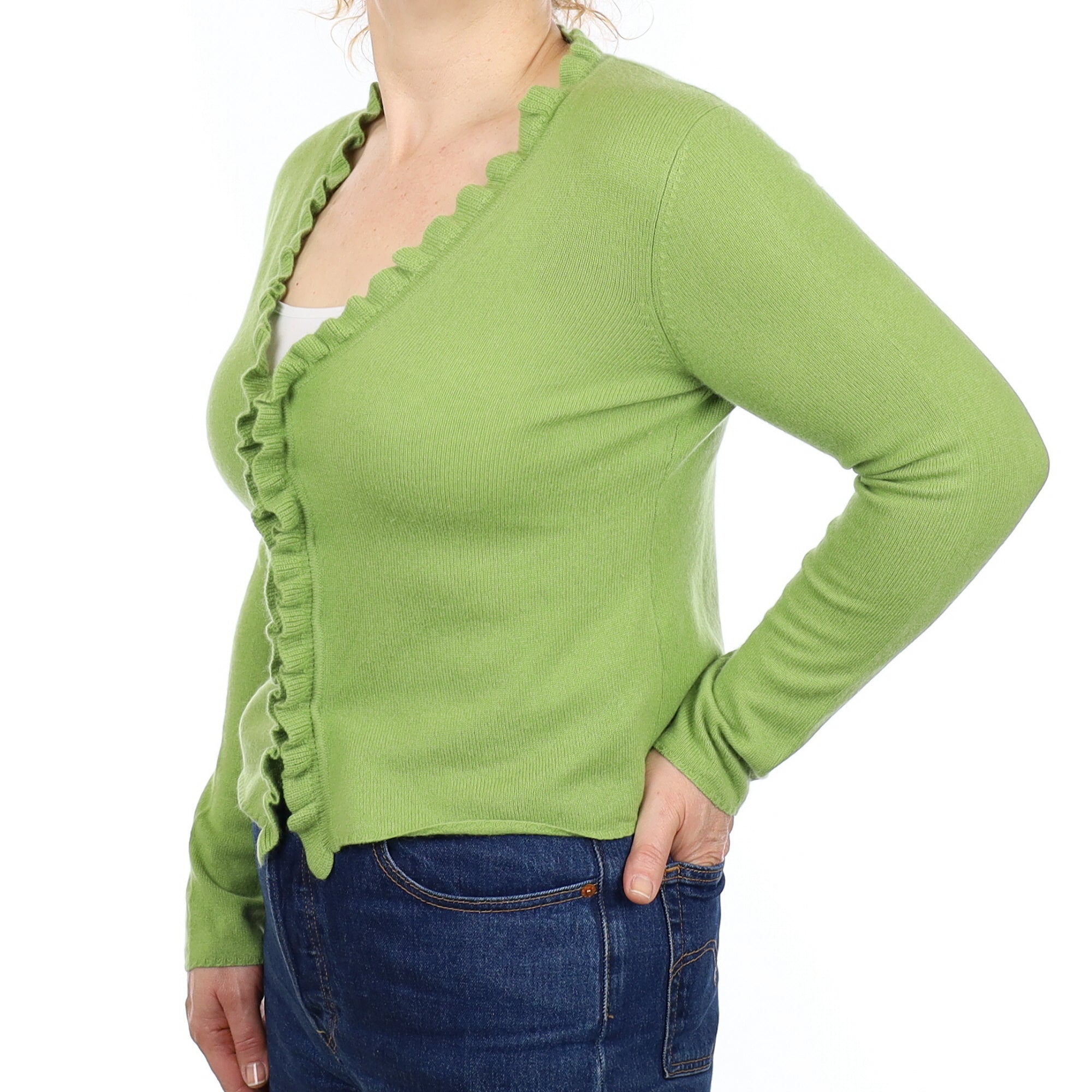 Pear Green Ruffle Edge Cashmere V Neck Cardigan Medium