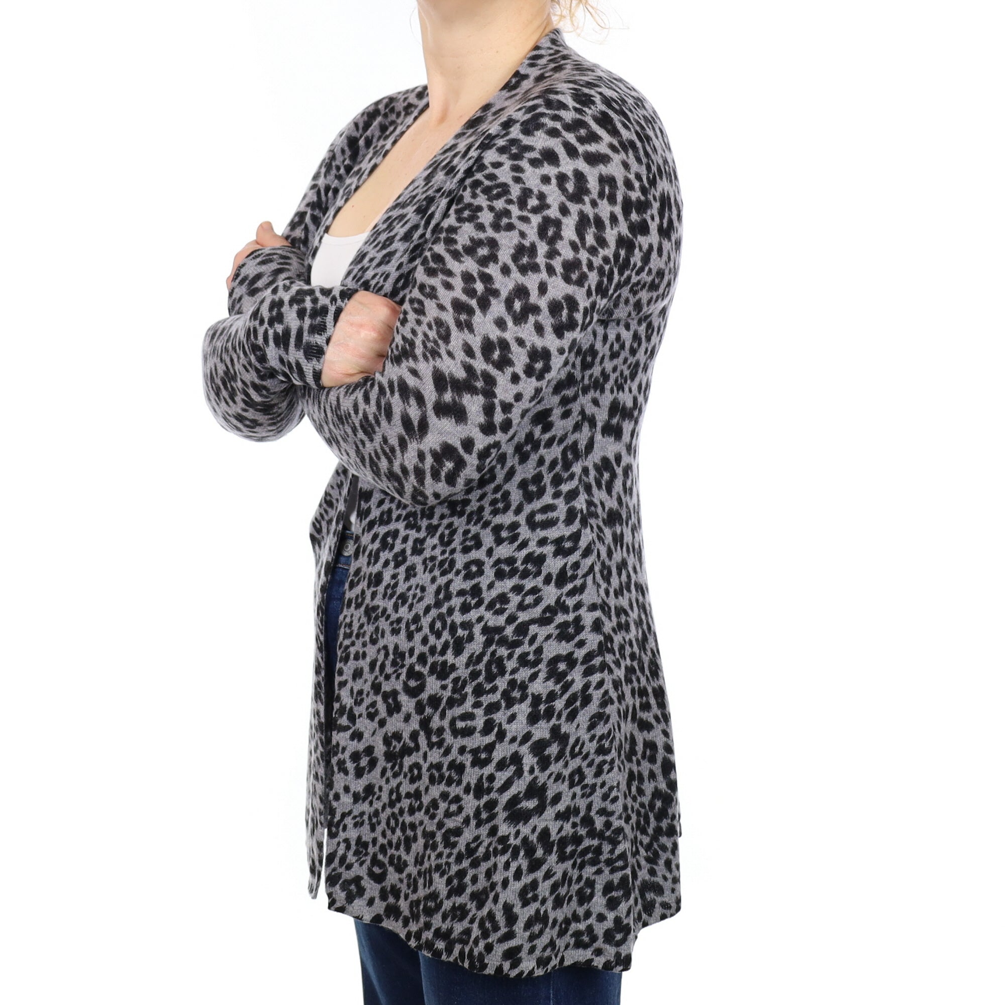 Grey Leopard Print Cashmere Longline V Neck Cardigan Medium