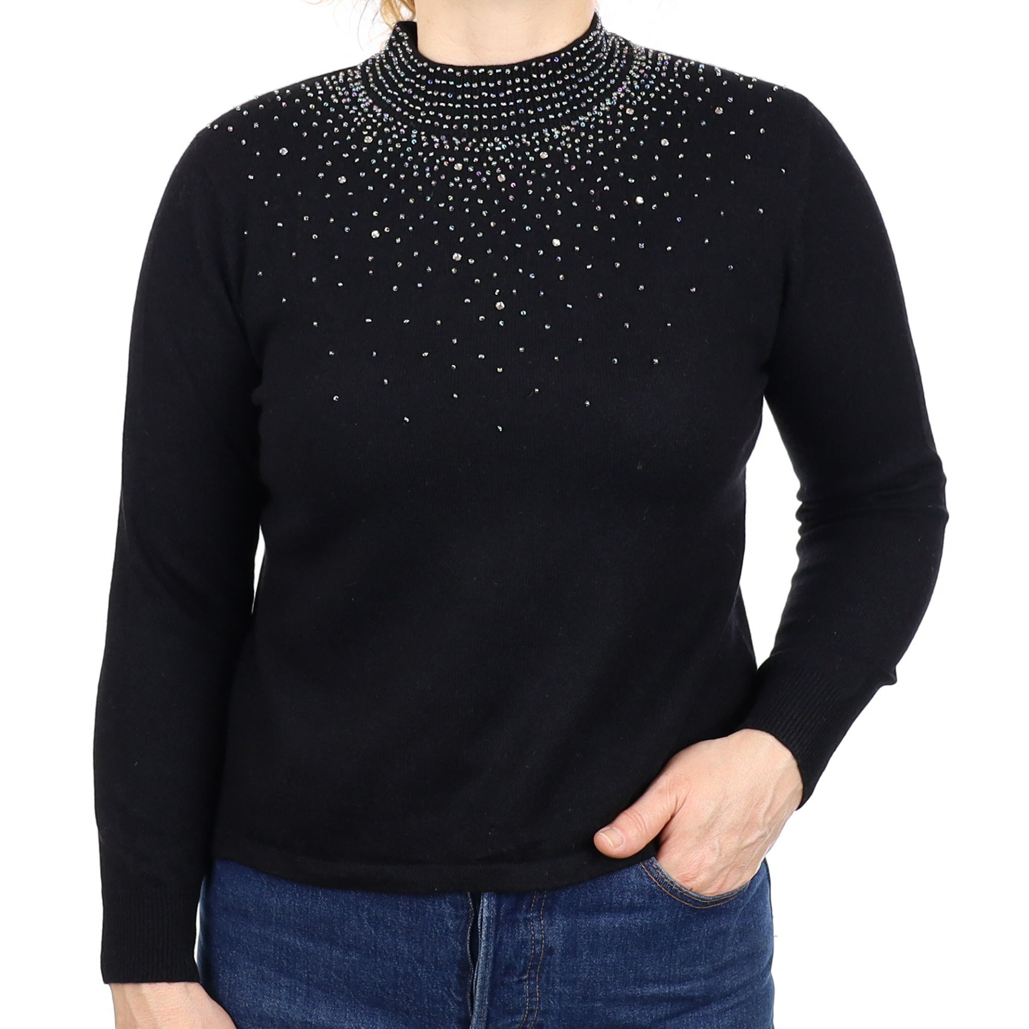 Black Beaded Cashmere Turtleneck Jumper Medium