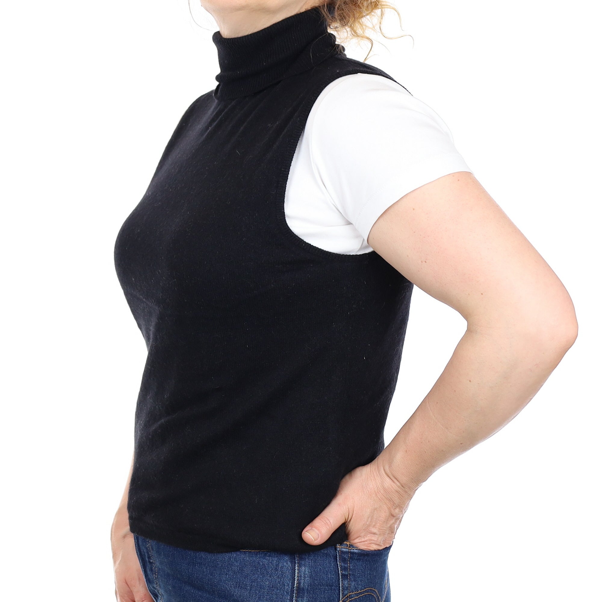 Black Cashmere Sleeveless Polo Neck Jumper Medium