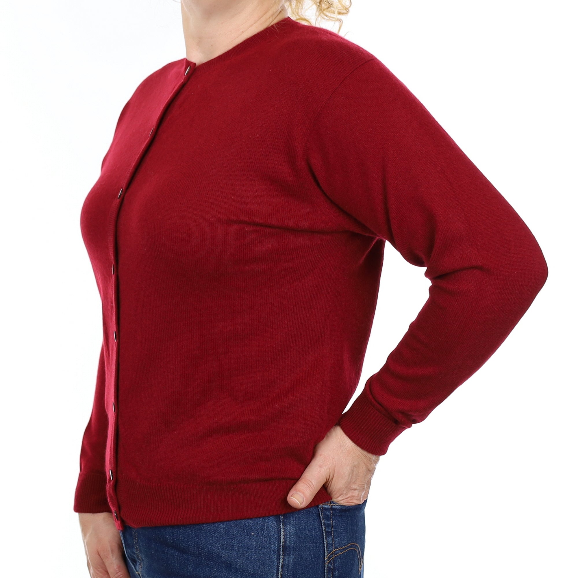 Burgundy Red Cashmere Crew Neck Cardigan Medium