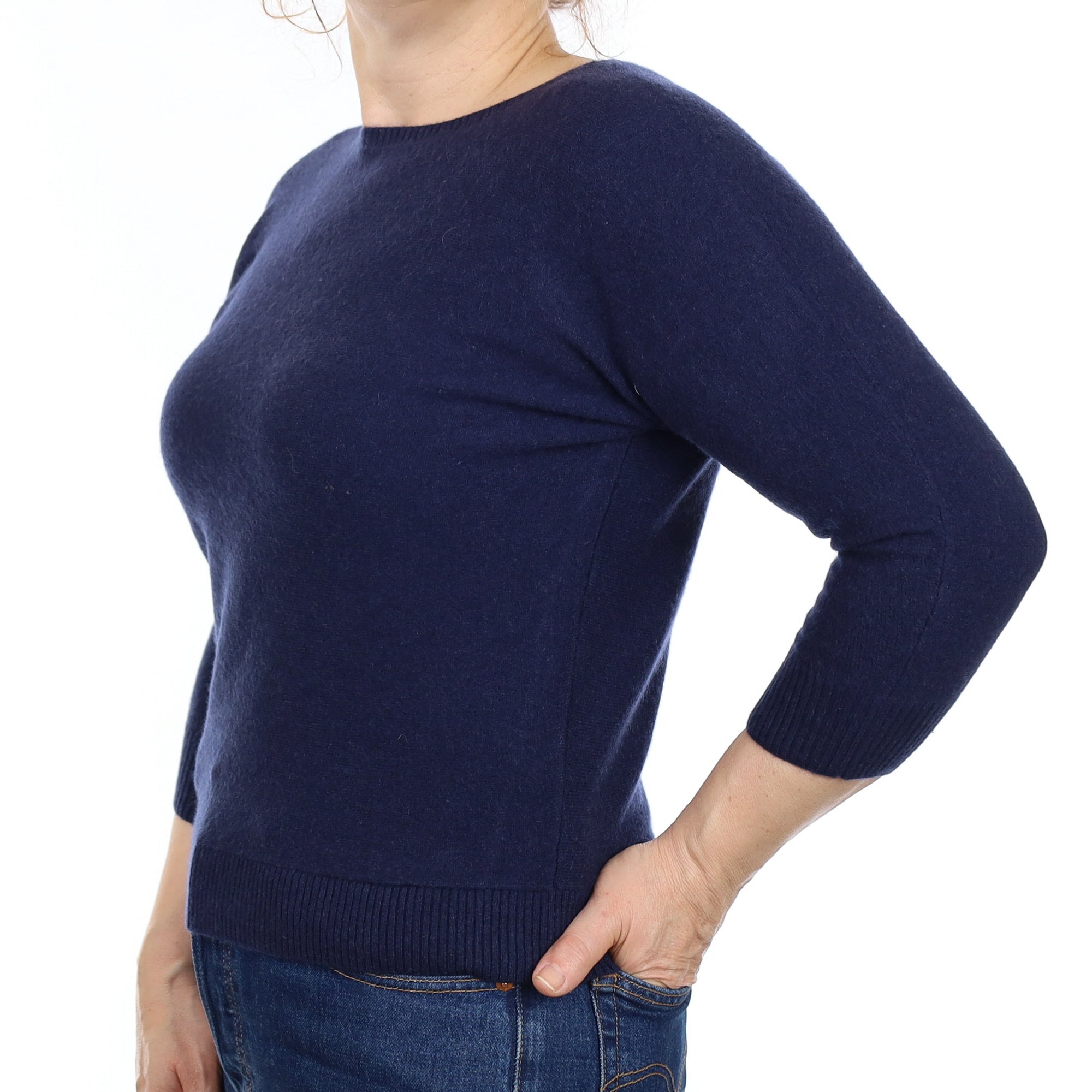 Navy Cashmere Batwing Boat Neck Jumper Medium
