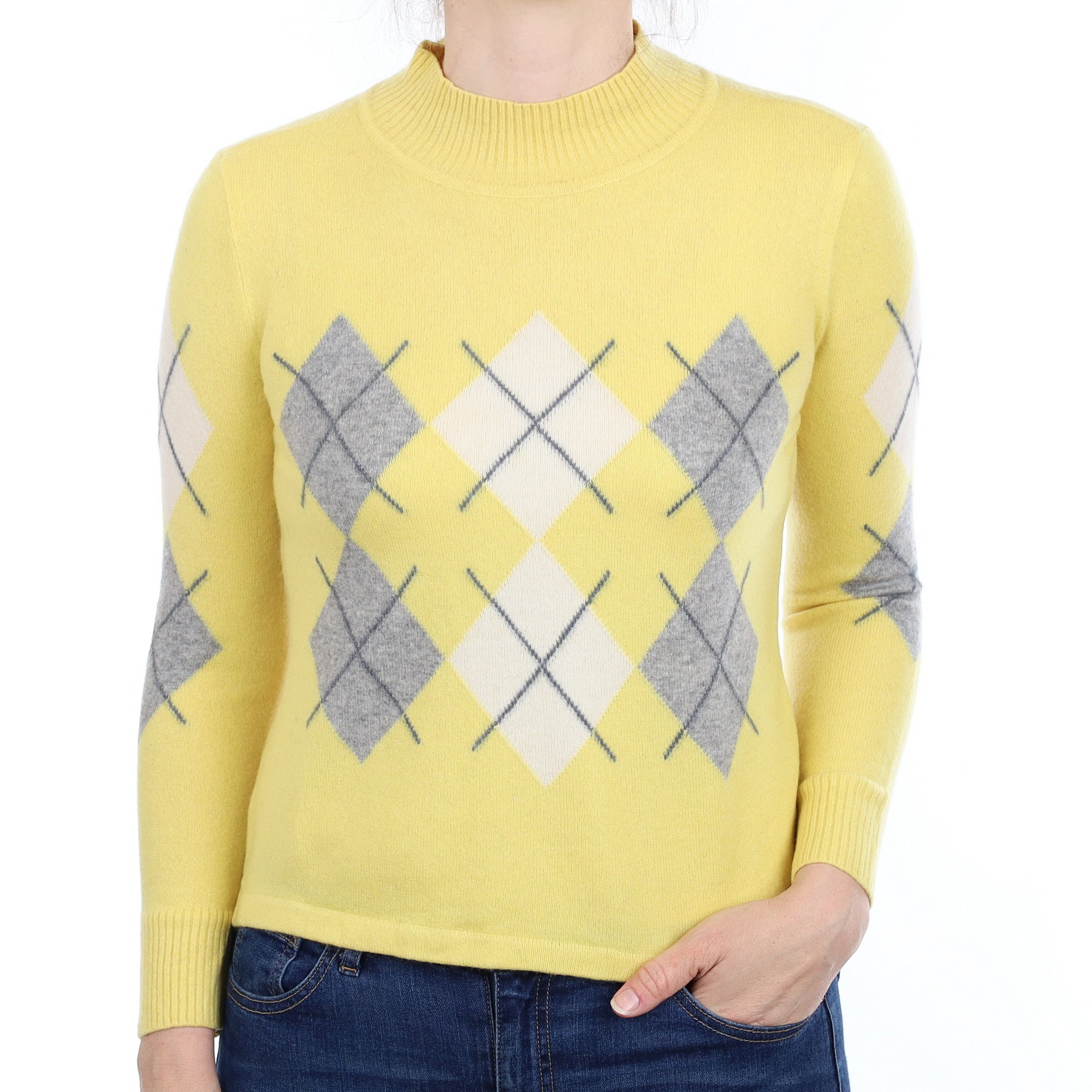 Yellow and Grey Diamond Cashmere Turtleneck Jumper Small