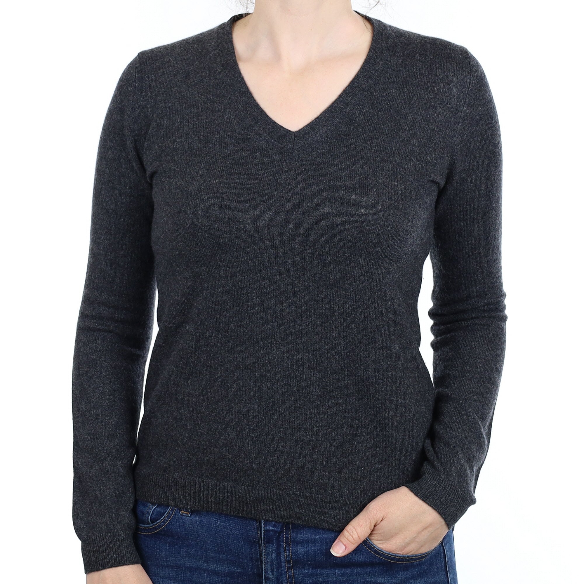 Charcoal Grey Cashmere V Neck Jumper Small