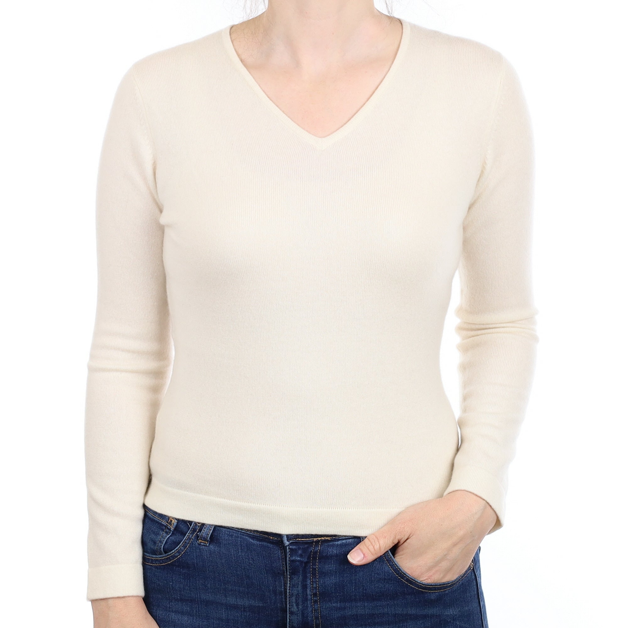 Vanilla Cream Cashmere V Neck Jumper Small