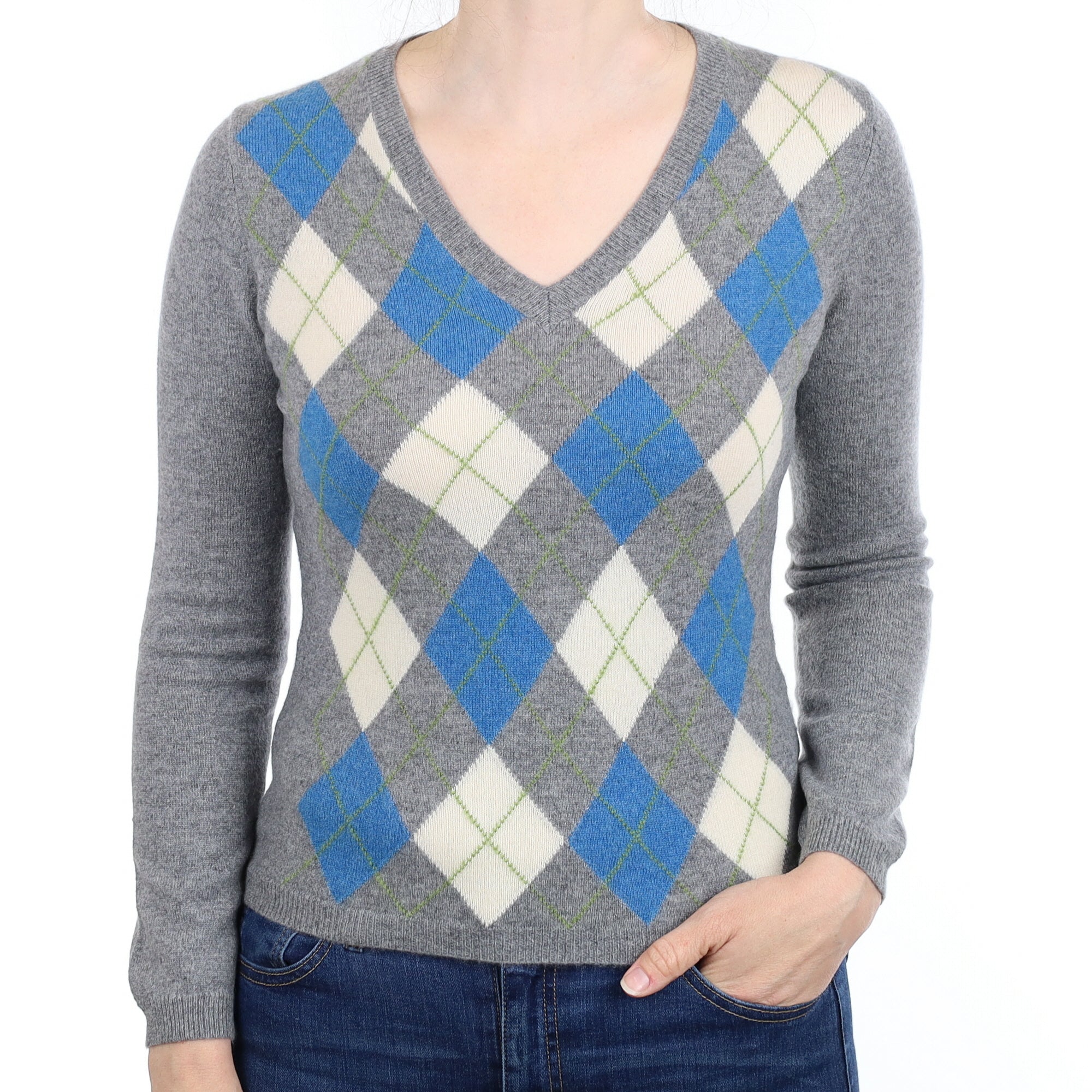 Grey and Blue Argyle Cashmere V Neck Jumper Small