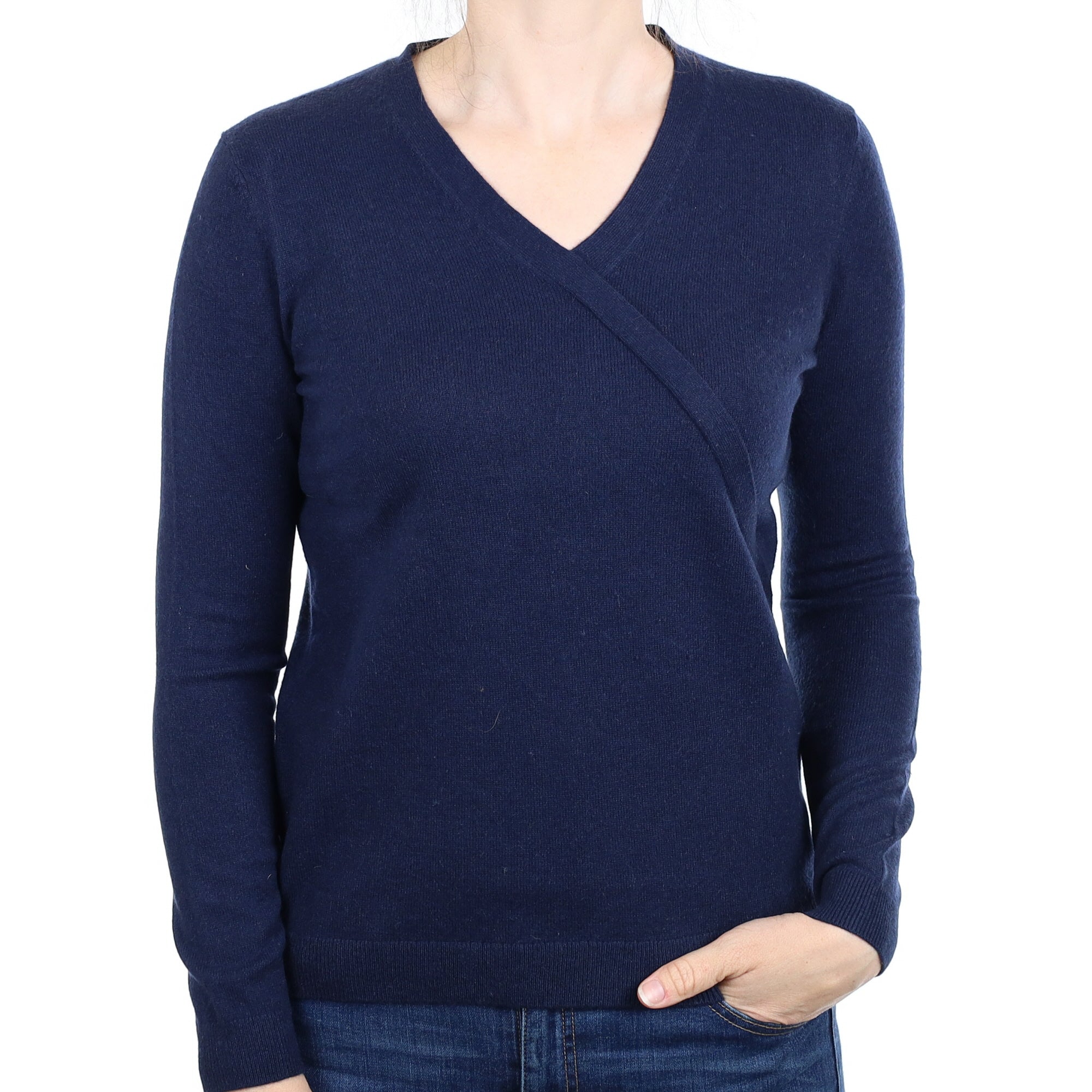 Navy Cashmere Cross Over V Neck Jumper Small