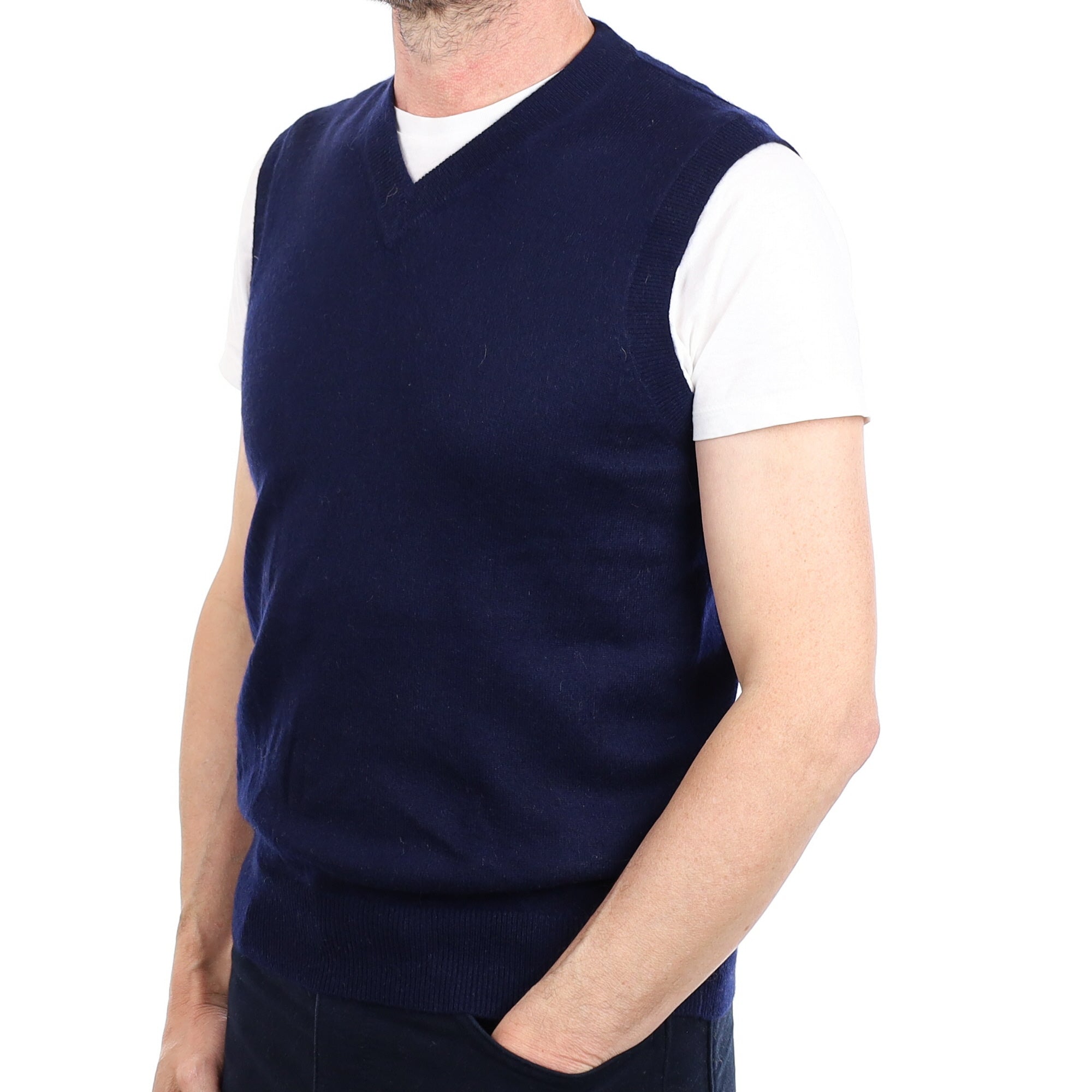 Men's Navy Blue Cashmere V Neck Tank Top Small