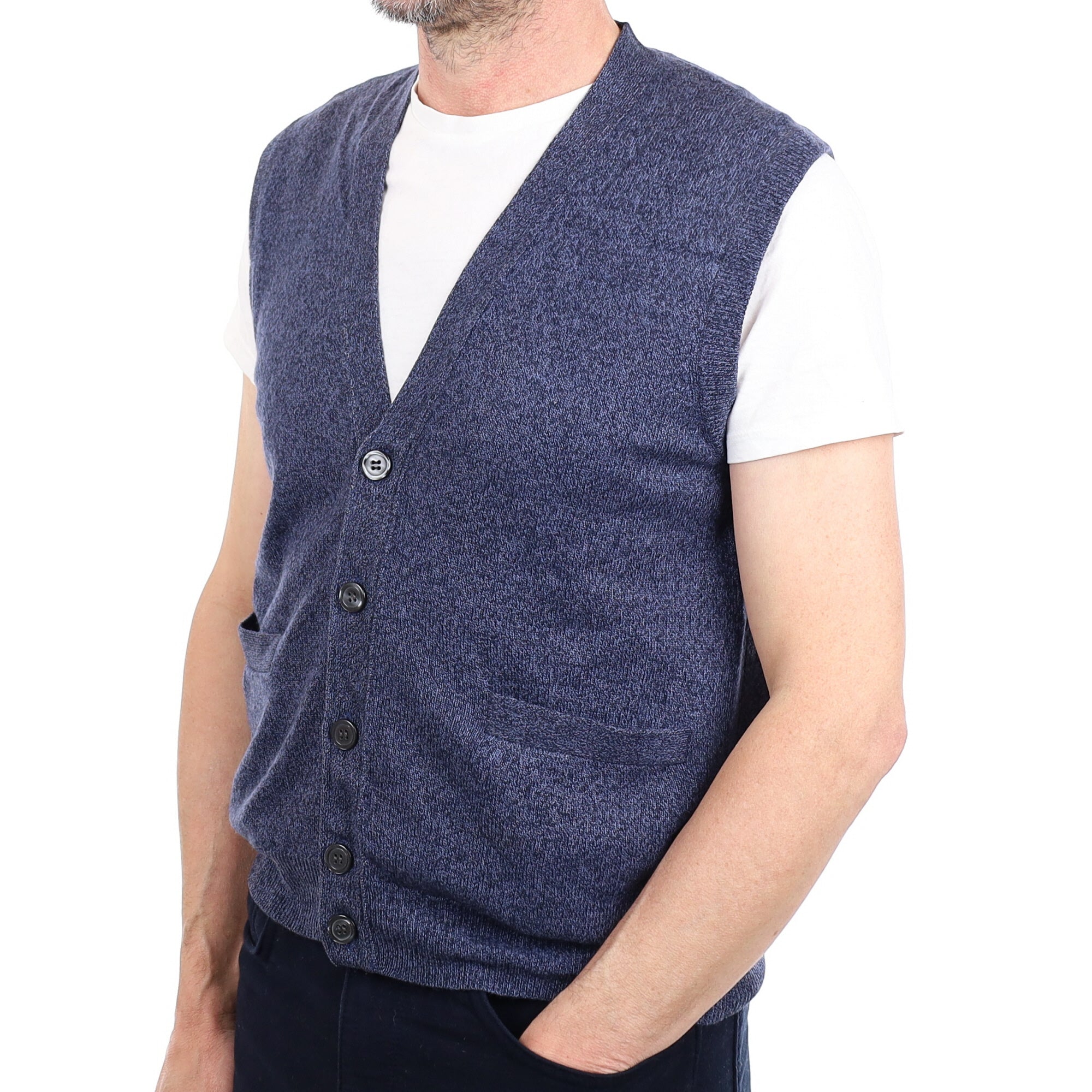 Men's Midnight Blue Marl Cashmere V Neck Waistcoat Small