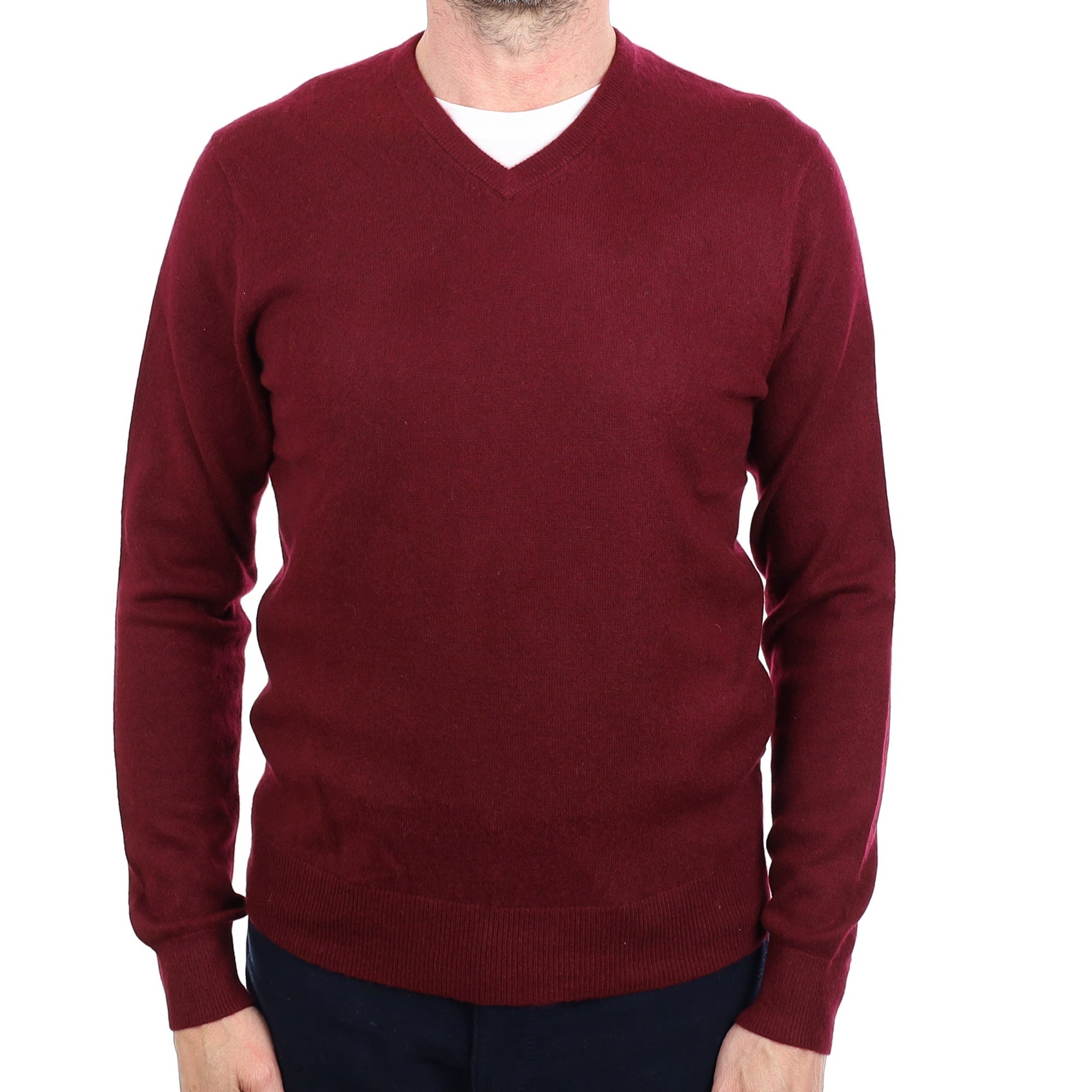 Men's Wine Red Cashmere V Neck Jumper Small