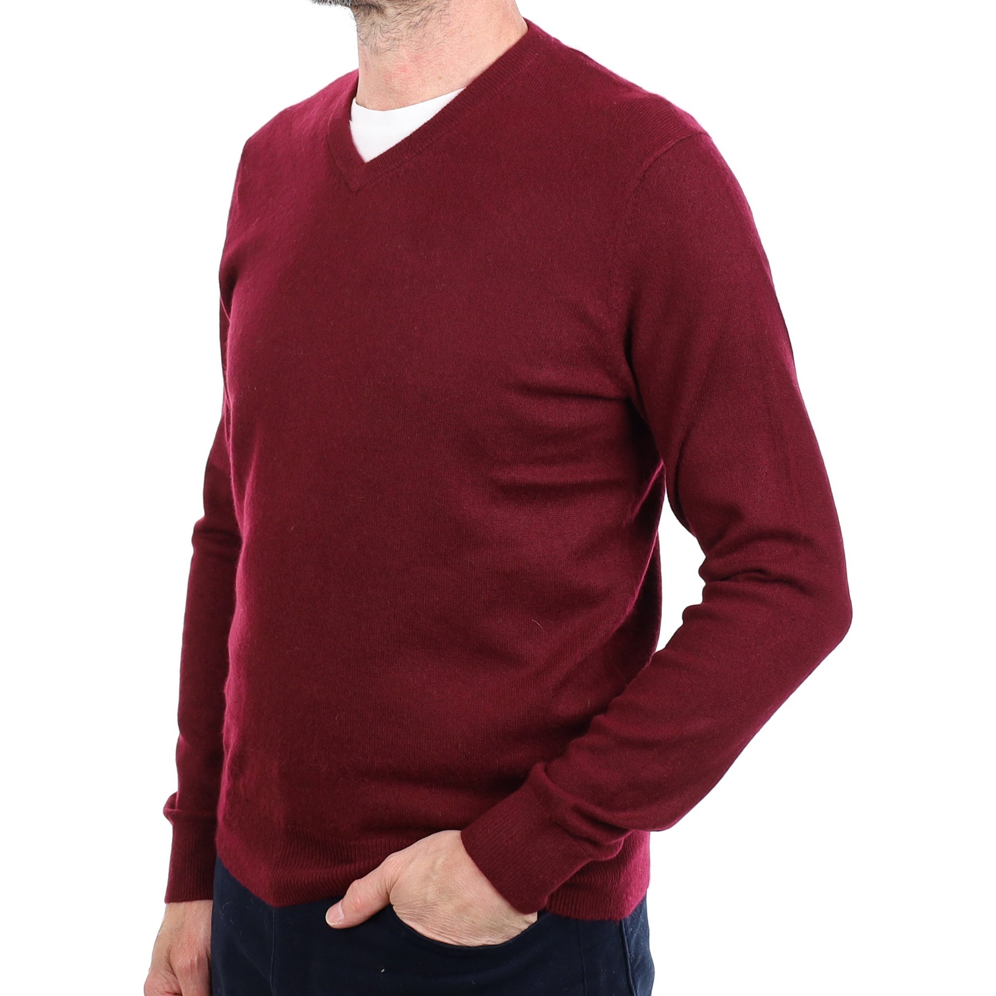 Men's Wine Red Cashmere V Neck Jumper Small