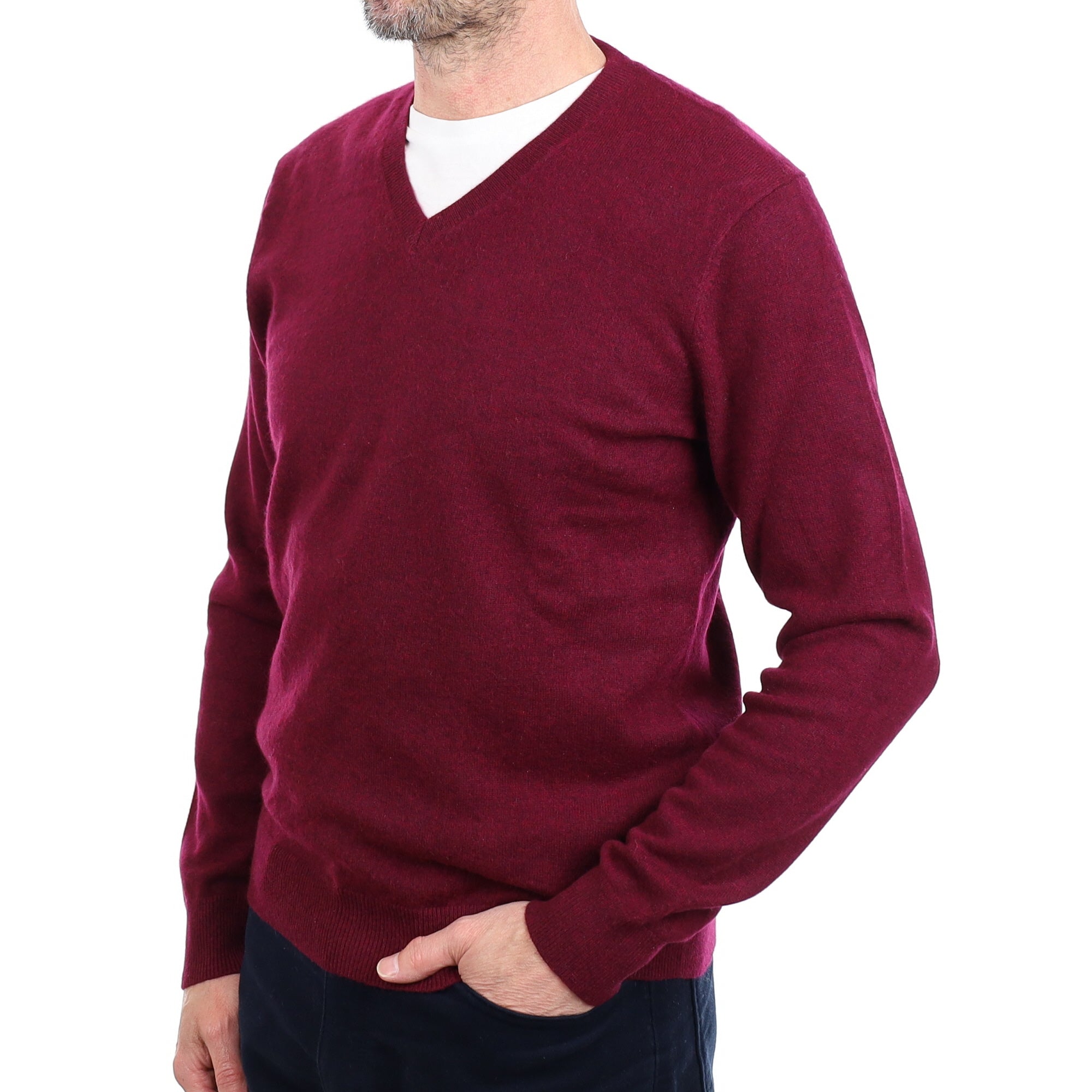 Men's Wine Red Cashmere V Neck Jumper Small