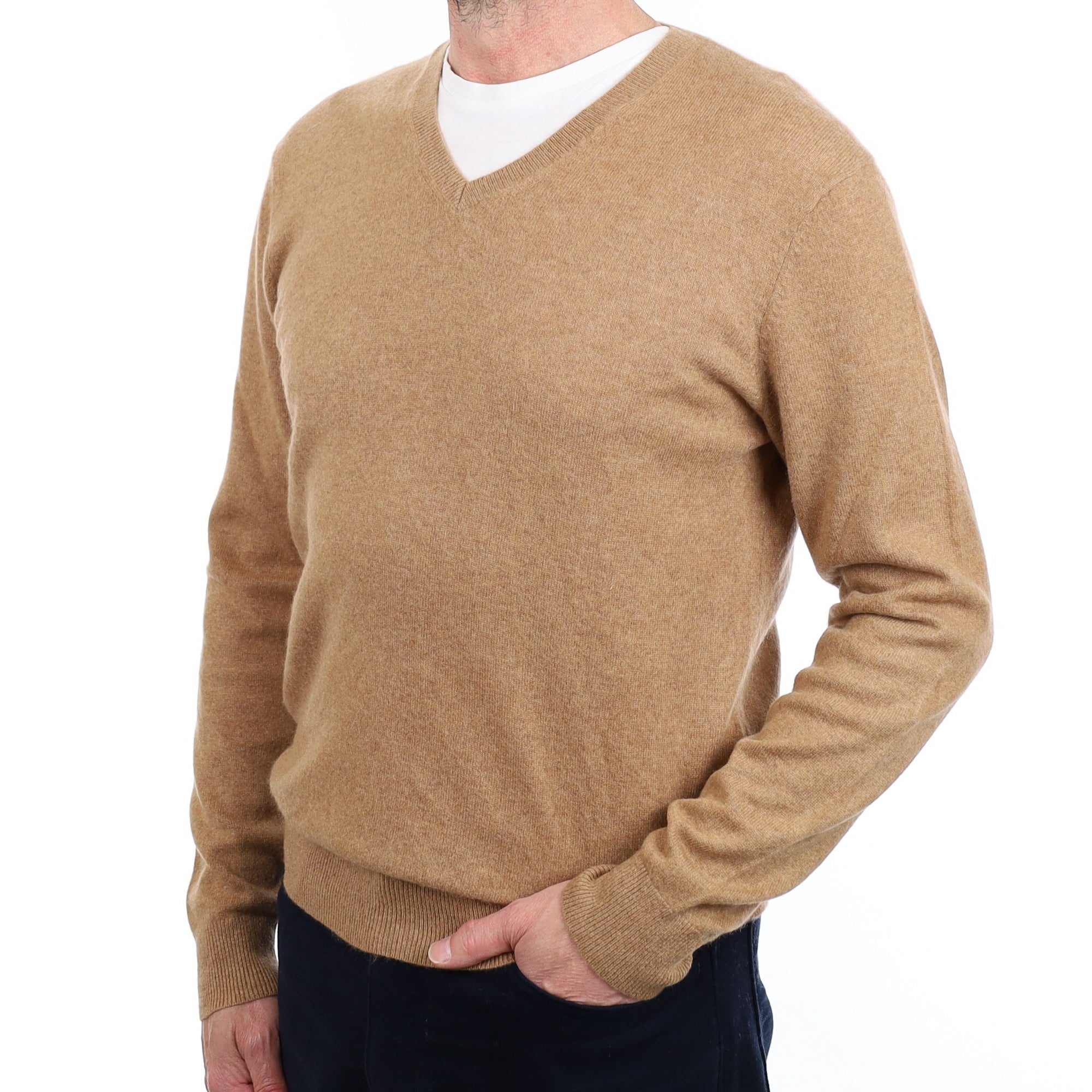 Men's Toffee Brown Cashmere V Neck Jumper Small