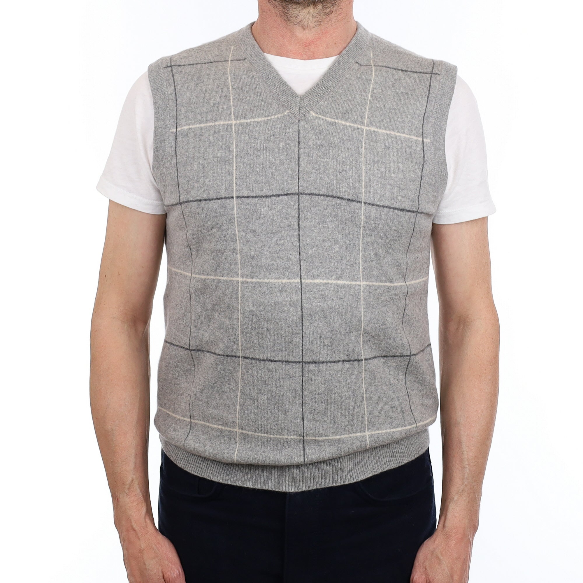 Men's Grey Checked Cashmere V Neck Tank Top Small