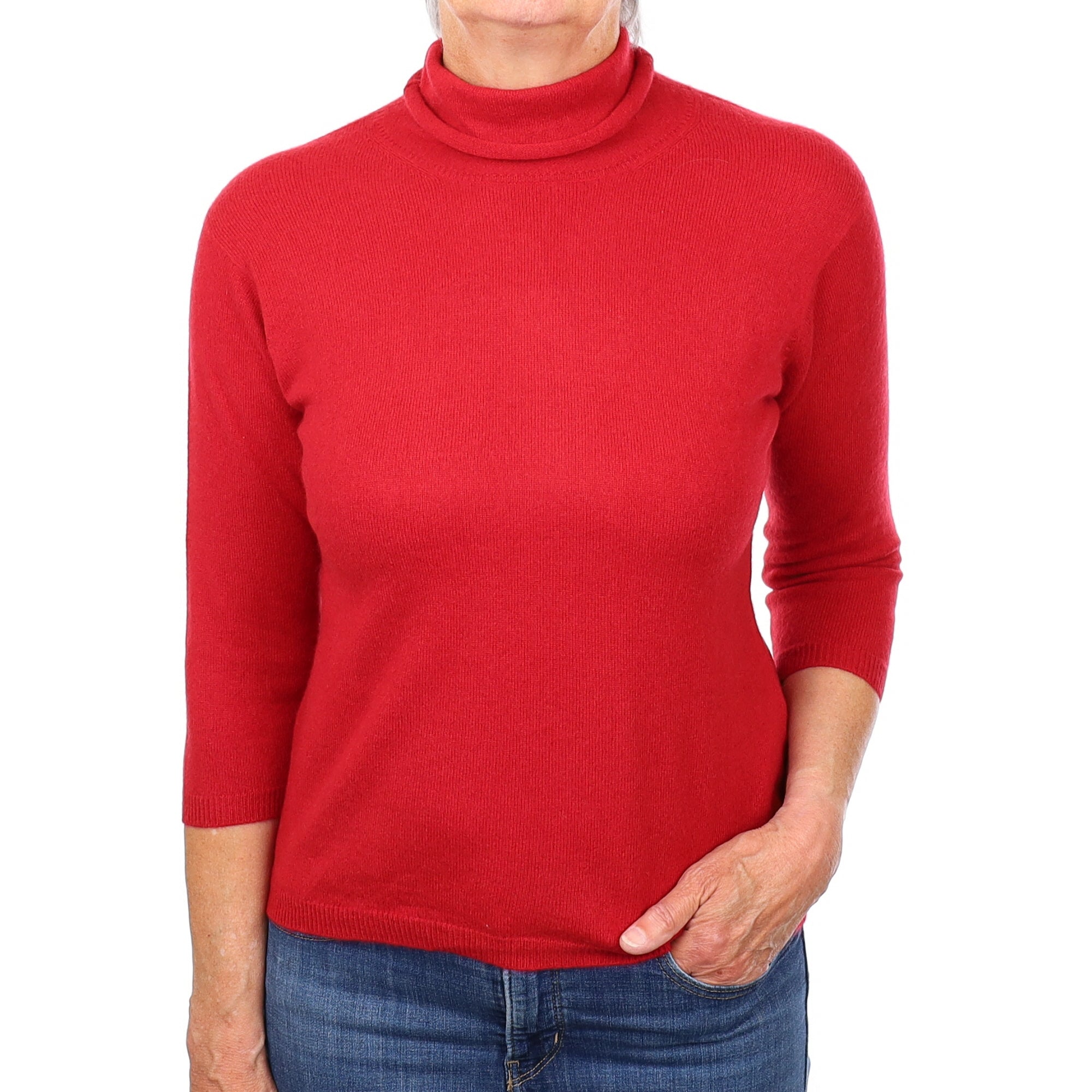 Post Box Red Cashmere 3/4 Sleeve Polo Neck Jumper Medium
