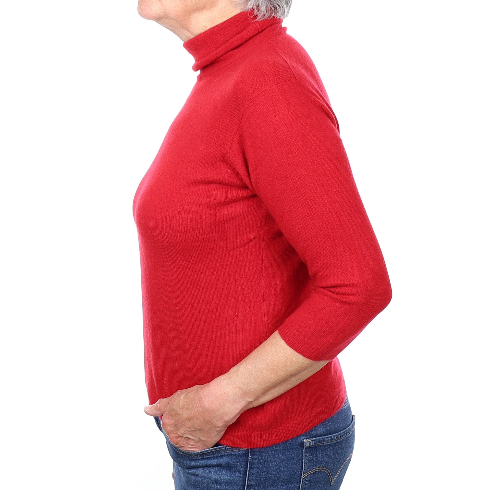 Post Box Red Cashmere 3/4 Sleeve Polo Neck Jumper Medium