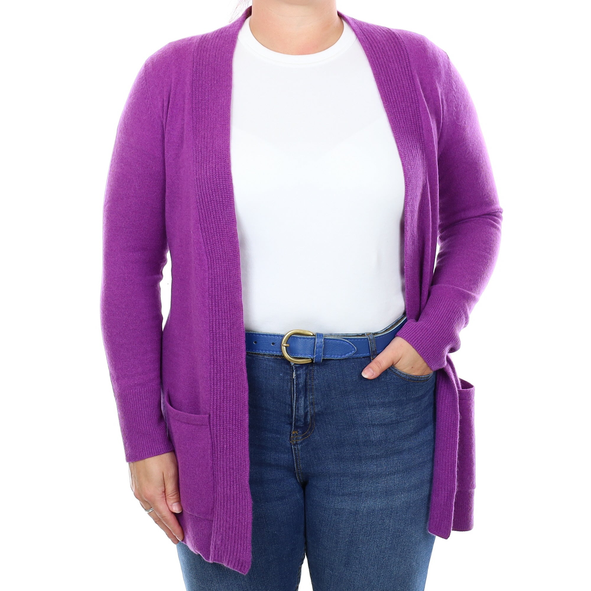 Violet Purple Cashmere Edge to Edge Cardigan with Pockets Large