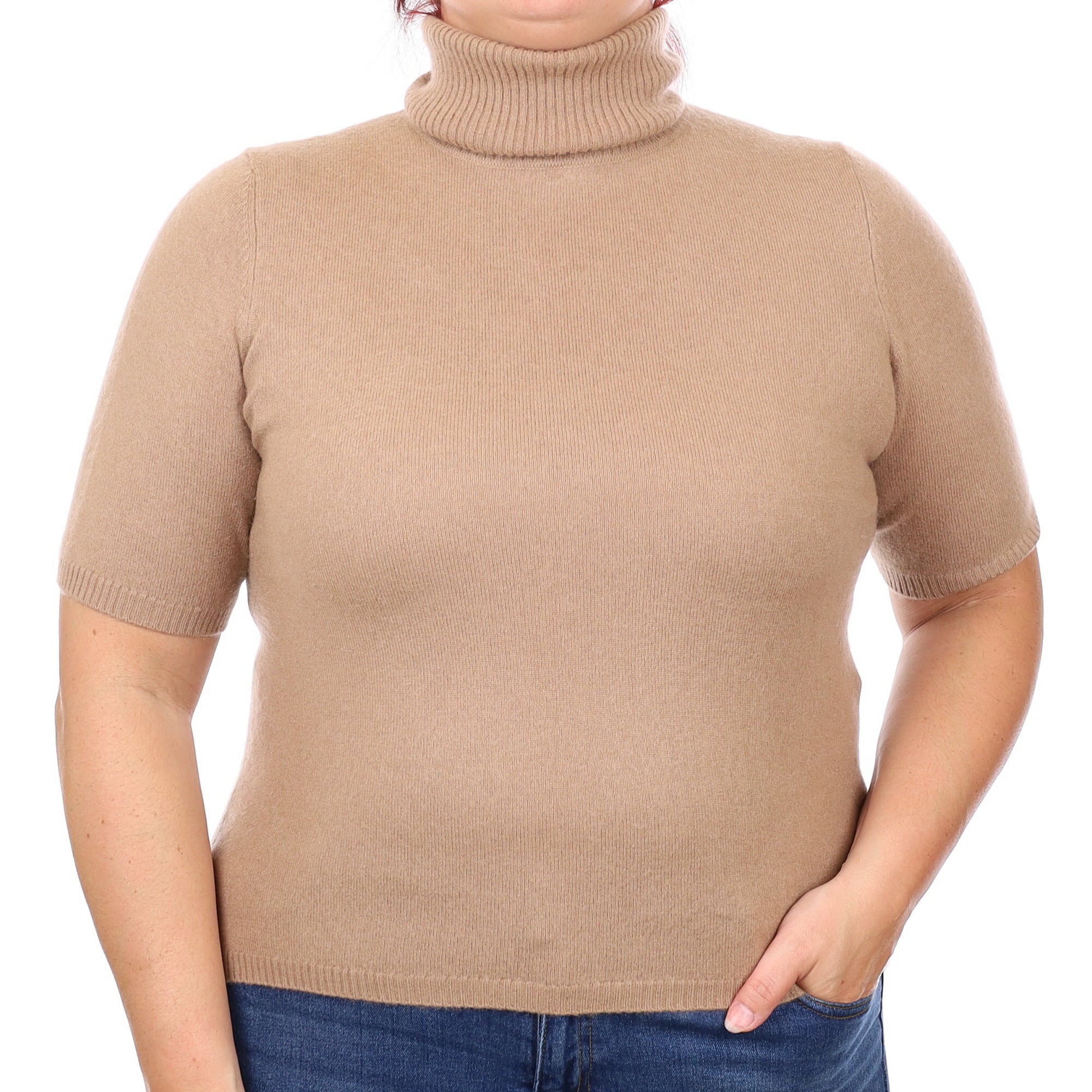 Fudge Brown Cashmere Short Sleeve Polo Neck Jumper Large