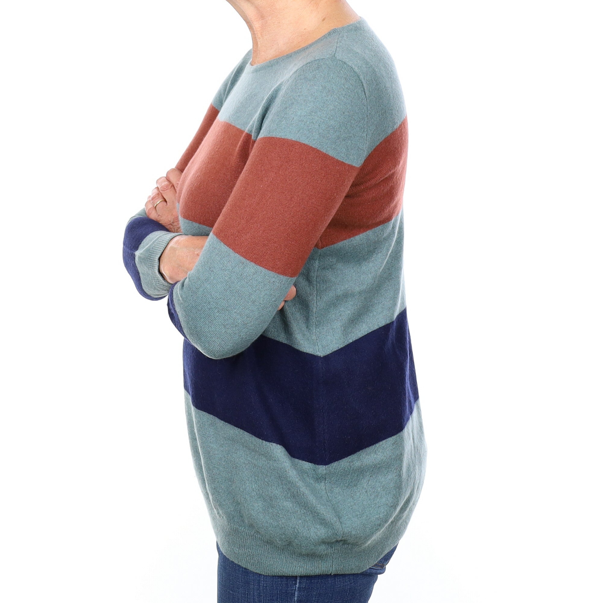 Sea Green Stripe Cashmere Longline Crew Neck Jumper Medium