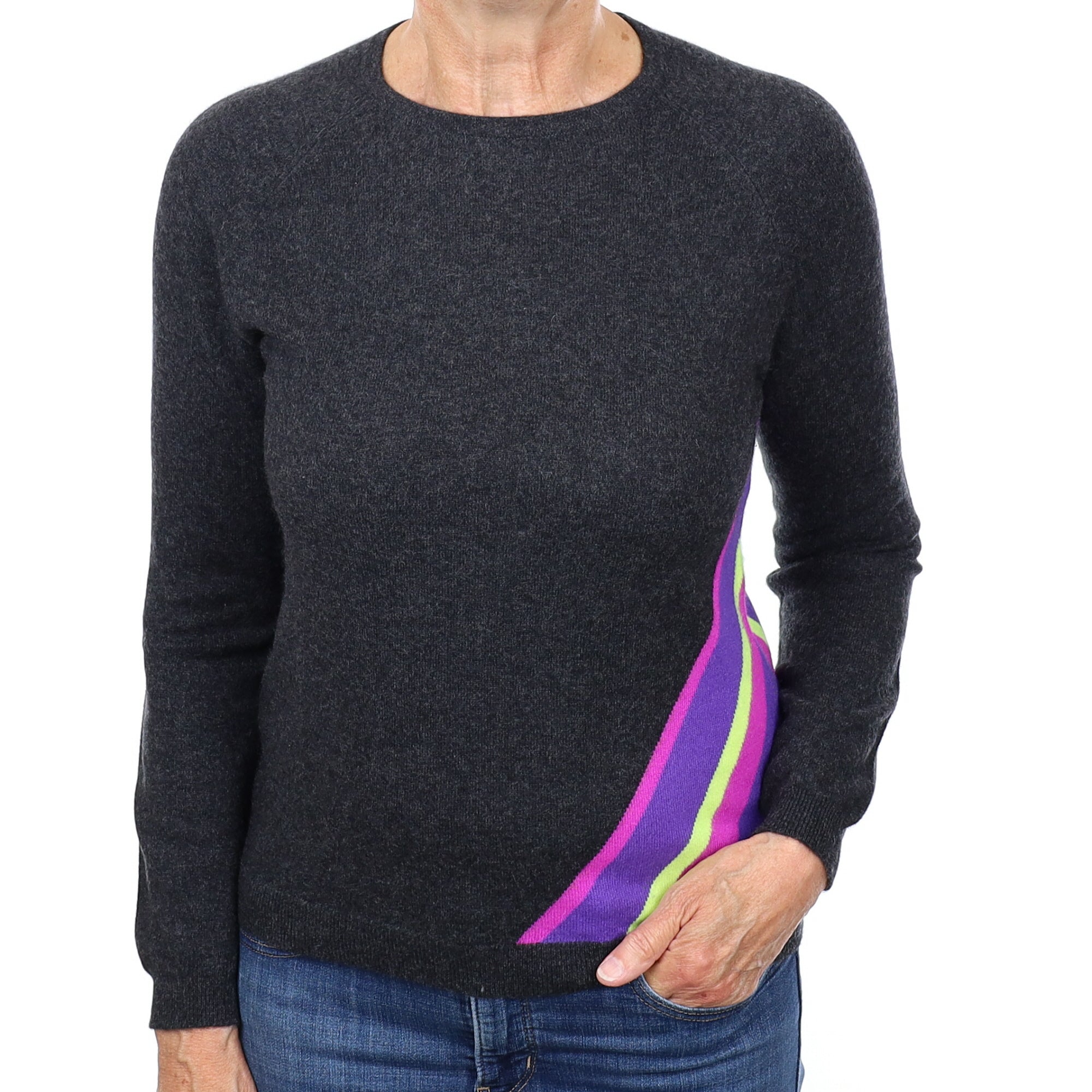 Granite with Purple Stripe Cashmere Crew Neck Jumper Medium