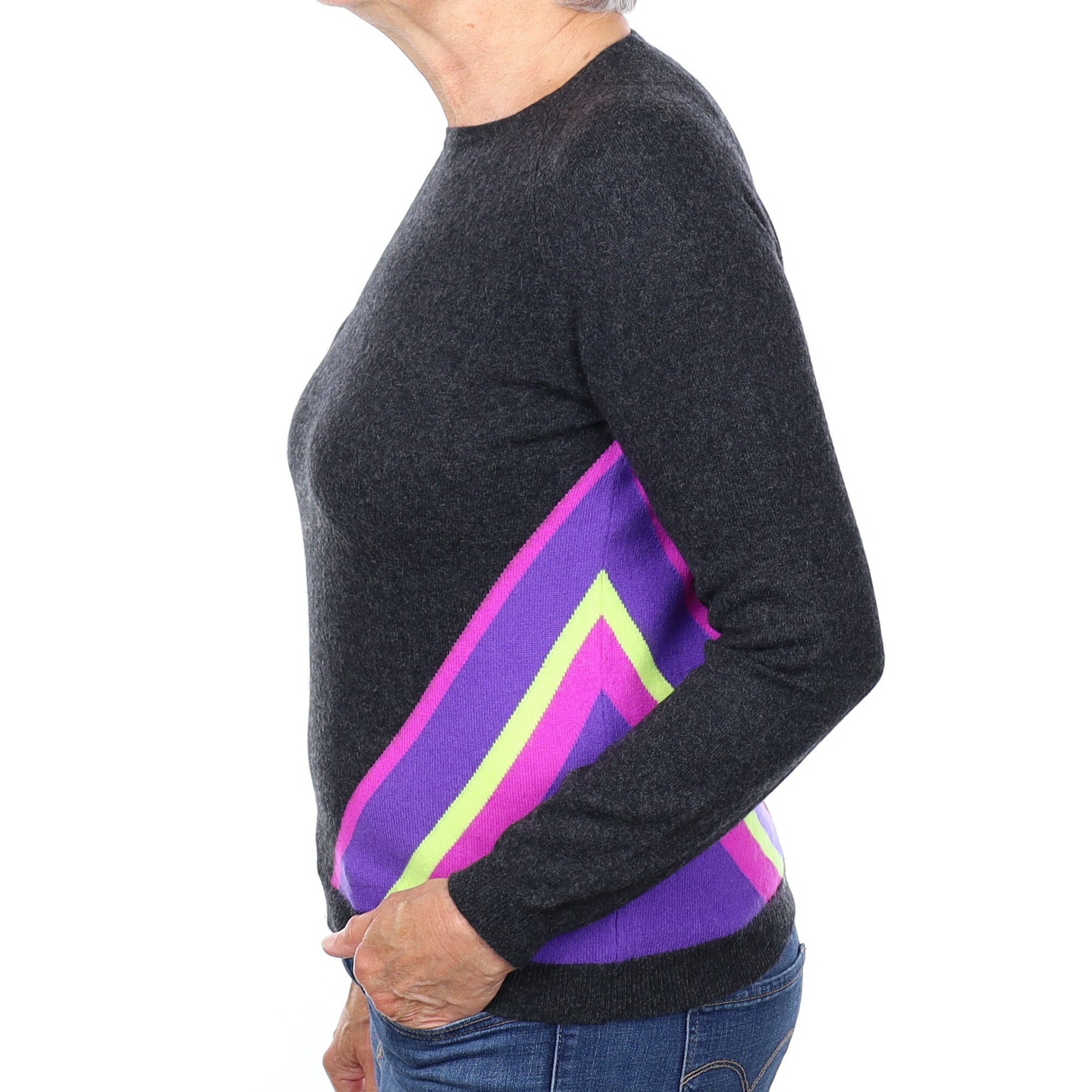Granite with Purple Stripe Cashmere Crew Neck Jumper Medium