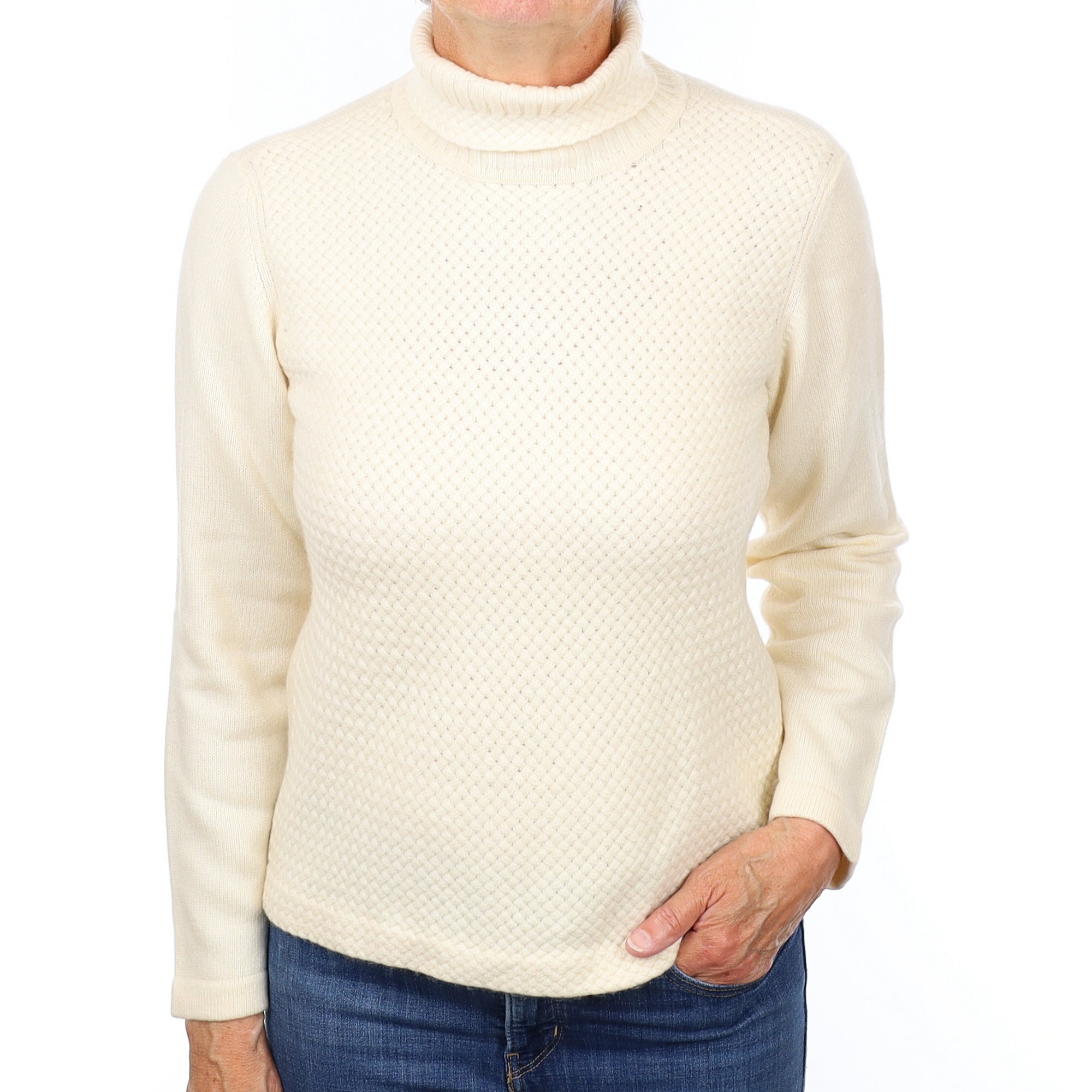 Vanilla Cream Textured Cashmere Polo Neck Jumper Medium